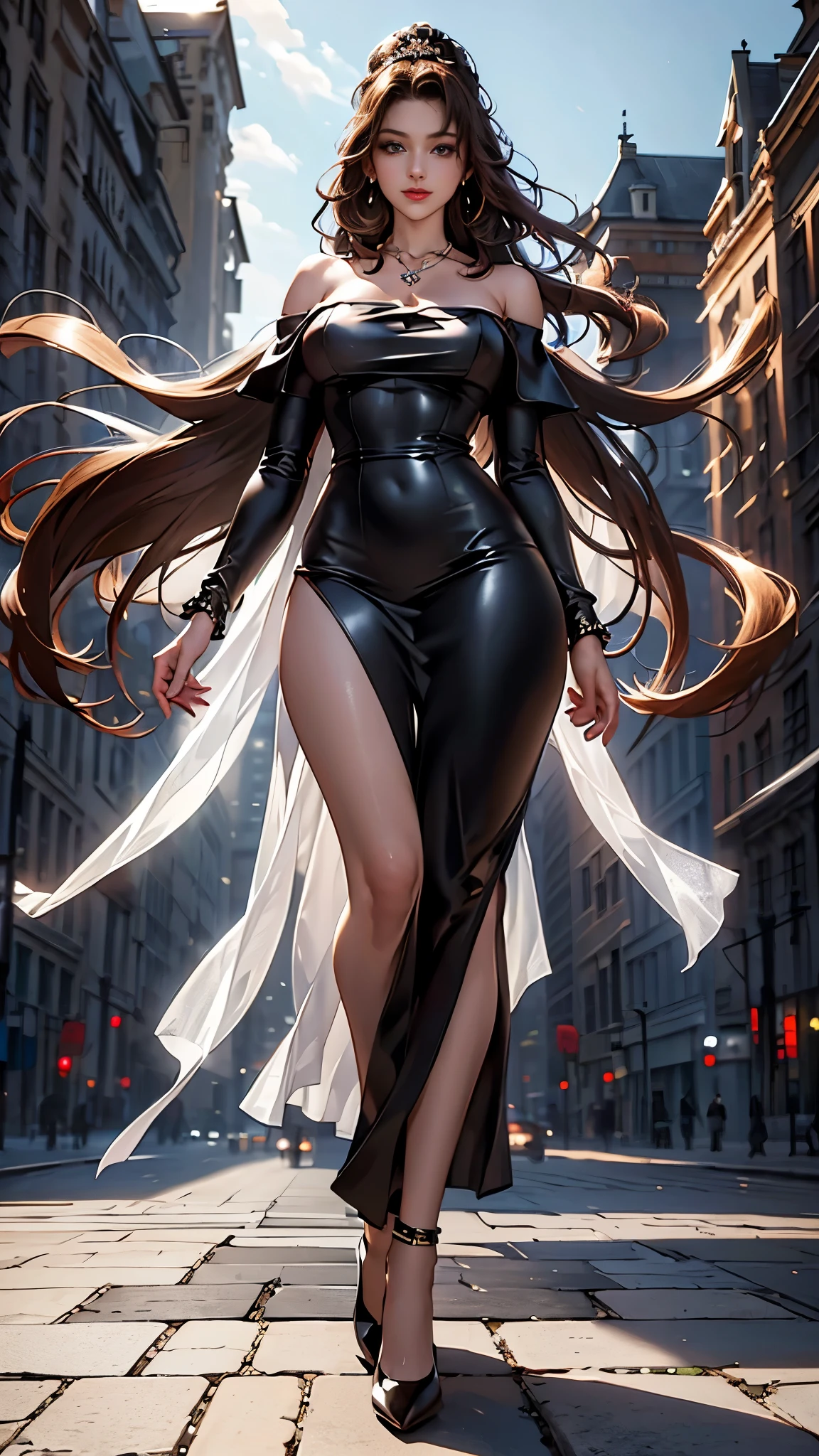 (woman standing on the streets of new york),(masterpiece, highest quality, Realistically, work, Very detailed, 8k), ((Wide-angle lens, Full body woman love)), 1 girl,light makeup,exquisite features,smile,exquisite crystal jewelry,heart shaped necklace,Crystal Headband,Light brown hair, Pompadour hairstyle, curl,Correct finger structure,Off-the-shoulder shiny black dress、Leather shoes,Long legs,Frontal standing posture ,Full body portrait,European castles are hazy