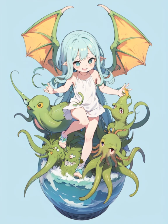 (Cthulhu), cute, comical, Round eyes, smile, Soft tentacles, Pastel colors, Small Wings, fun, For kids, Fantasy, soft, (Cute monster), Bright colors