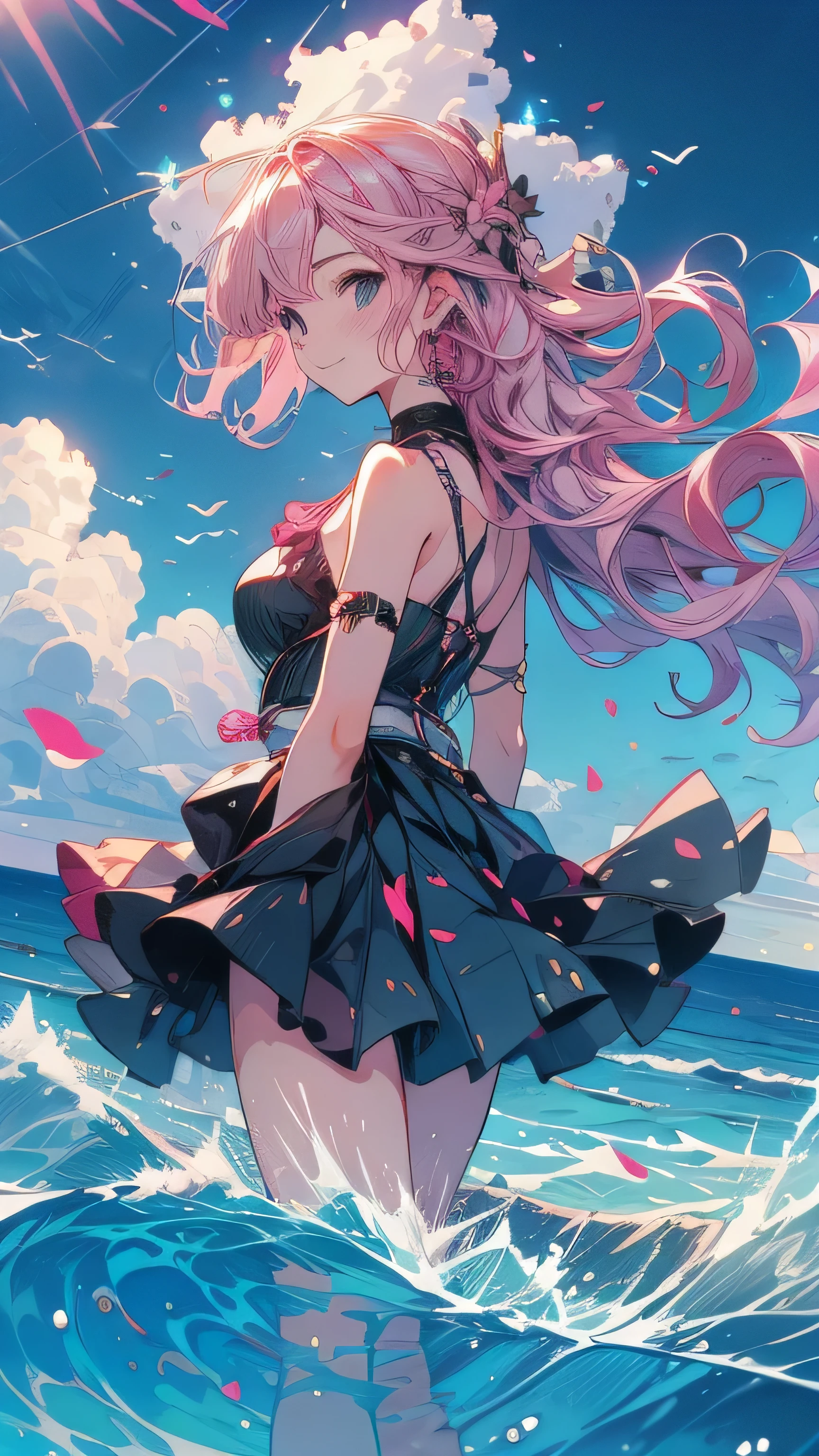 Pink Hair，Black clothes，City Background，Smiling expression，Double Tail,Ocean,Wave,blue sky,cumulonimbus,summer