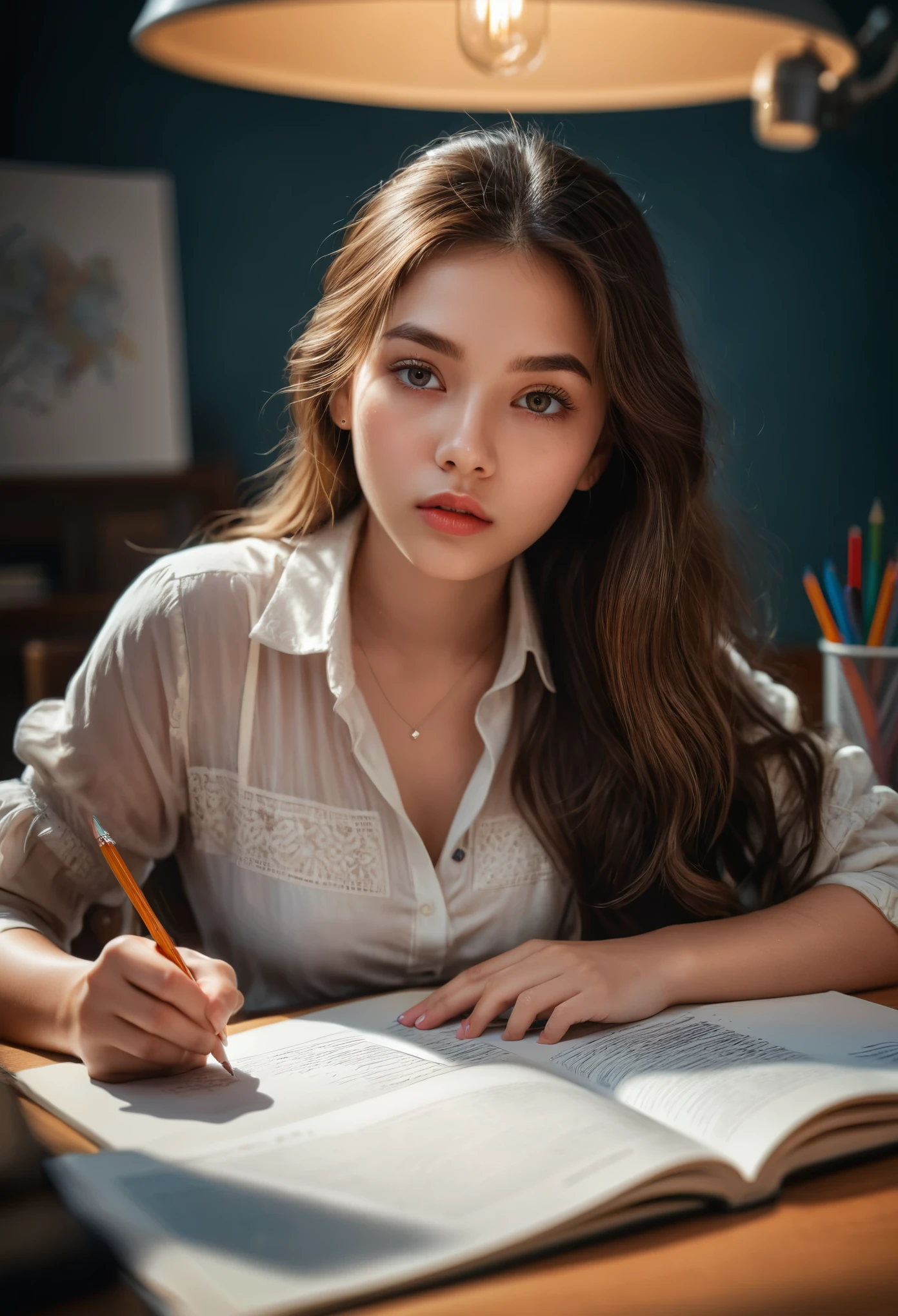 Exam, a girl taking an exam, beautiful detailed eyes, beautiful detailed lips, extremely detailed eyes and face, long eyelashes, serious expression, sitting at a desk, writing with a pencil, textbooks and papers on the desk, warm lighting, best quality, 8k, high-res, (masterpiece:1.2), ultra-detailed, intricate details, natural skin tones, cinematic lighting, dramatic atmosphere, highly detailed background, deep focus