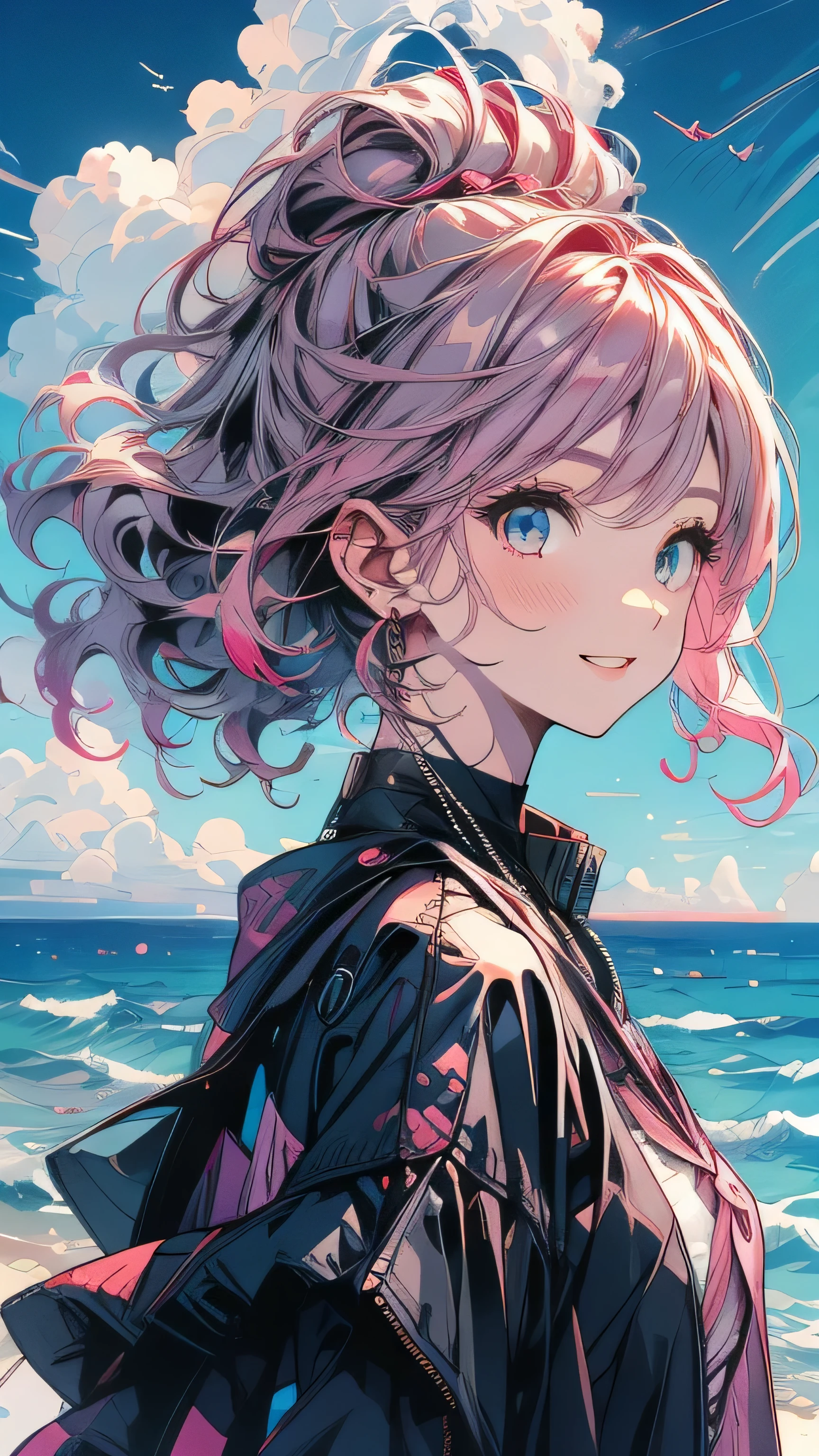 Pink Hair，Black clothes，City Background，Smiling expression，Double Tail,Ocean,Wave,blue sky,cumulonimbus,summer