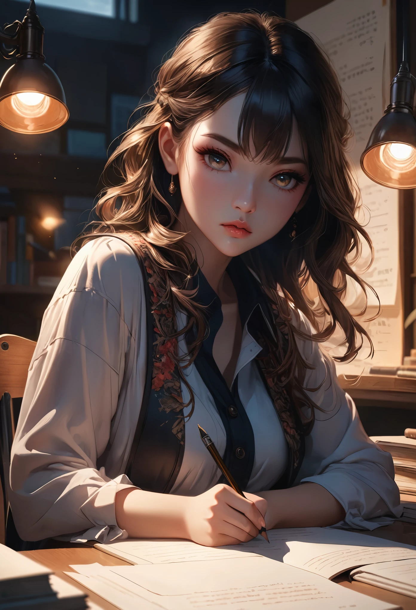 Exam, a girl taking an exam, beautiful detailed eyes, beautiful detailed lips, extremely detailed eyes and face, long eyelashes, serious expression, sitting at a desk, writing with a pencil, textbooks and papers on the desk, warm lighting, best quality, 8k, high-res, (masterpiece:1.2), ultra-detailed, intricate details, natural skin tones, cinematic lighting, dramatic atmosphere, highly detailed background, deep focus