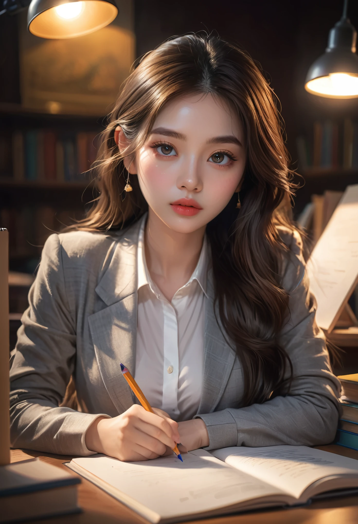 Exam, a girl taking an exam, beautiful detailed eyes, beautiful detailed lips, extremely detailed eyes and face, long eyelashes, serious expression, sitting at a desk, writing with a pencil, textbooks and papers on the desk, warm lighting, best quality, 8k, high-res, (masterpiece:1.2), ultra-detailed, intricate details, natural skin tones, cinematic lighting, dramatic atmosphere, highly detailed background, deep focus