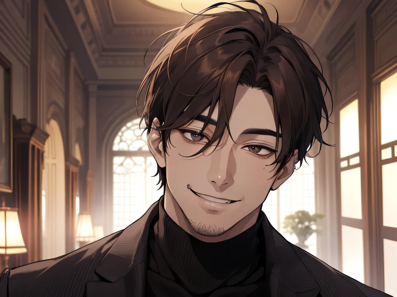 masterpiece,Face close-up,Angle from below,male, (40 years old),(male1 person)、alone,Adult,A gentle smile,Brown Hair,Kakiage,(Droopy eyes),Lewd Eyes,Black Suit,Black turtleneck,,smile,Rooms in the mansion,night