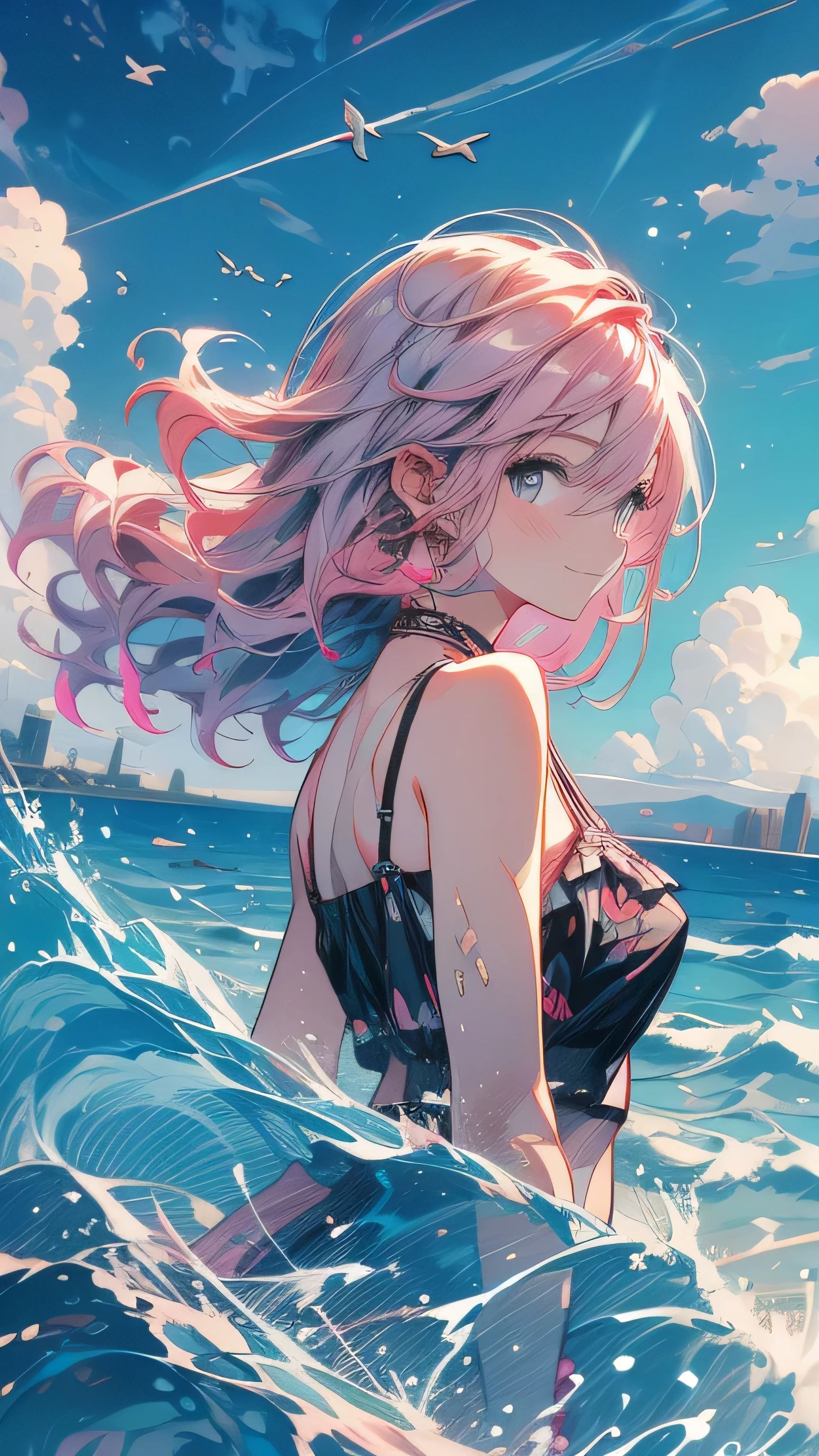 Pink Hair，Black clothes，City Background，Smiling expression，Double Tail,Ocean,Wave,blue sky,cumulonimbus,summer