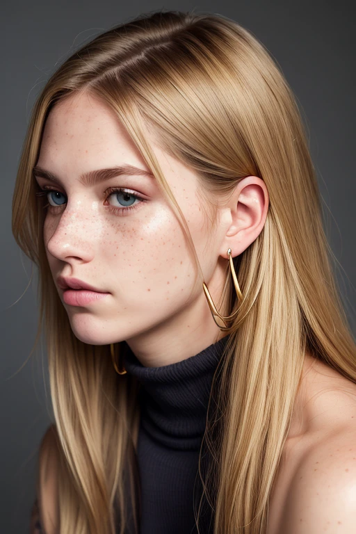 a three-quarter view of a 18yo blond woman looking sideway, enhanced femininity, dark theme, soothing tones, muted colors, (excessively defined variated skin texture, hyperrealistic, diffused light), clustered, authentic eye iris, (normal exposure:1.4) solo, 1girl, brown_hair, looking_at_viewer, simple_background, grey_background, realistic, lips, tattoo, portrait, freckles, big tattoo all over enter face, long_hair, closed_mouth, mole, grey_eyes, hoop_earrings, showing her breasts naked breast 