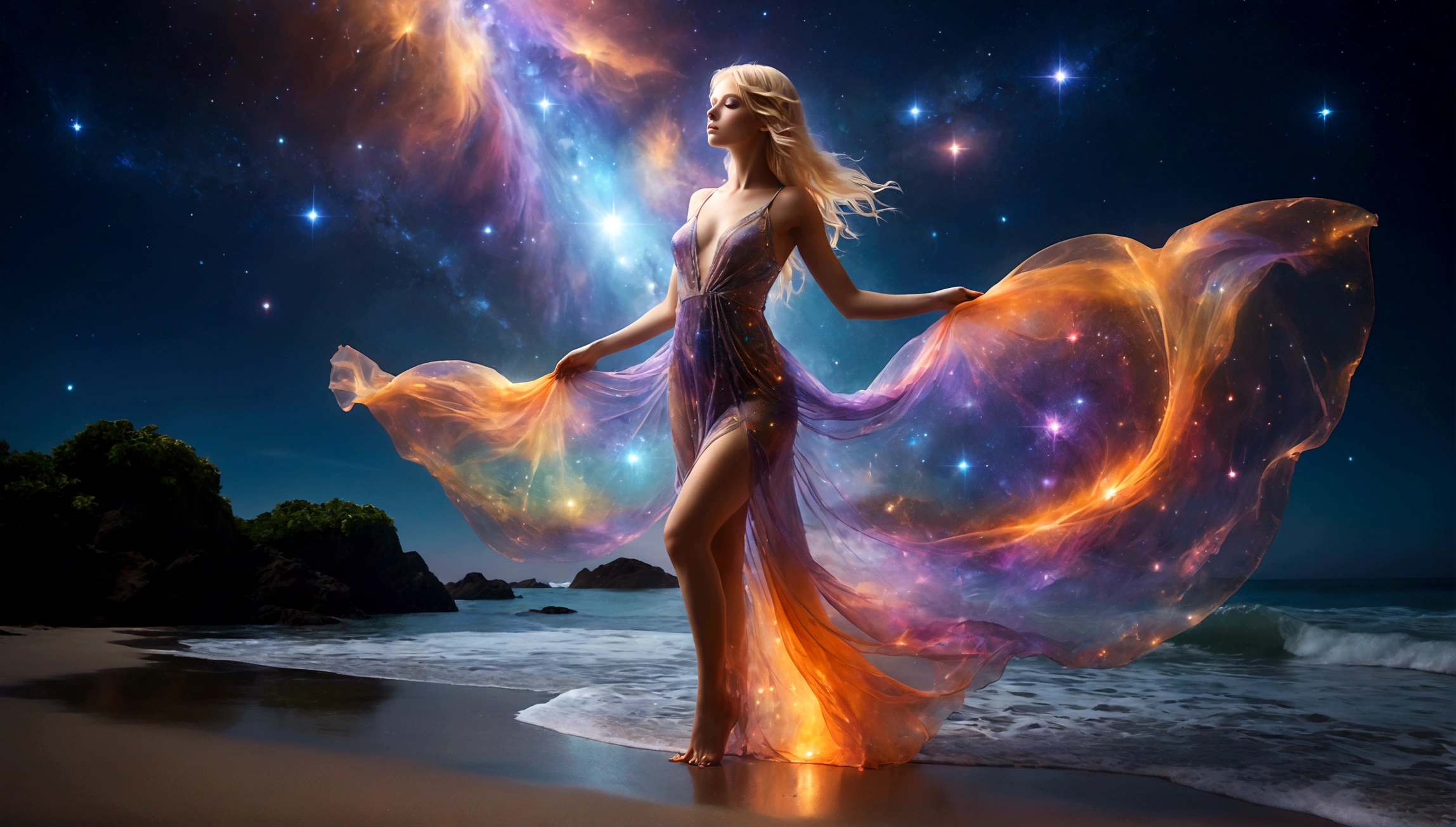 A mesmerizing scene unfolds before your eyes as you gaze upon a hypnotic eye blending into a star-studded sky, dotted with nebulae and cosmic dust. Beneath this cosmic display, depict a tranquil beach with the surface of the ocean is sparkling, lush and symmetrically reflects the sparkling nebulae and luminous astral bodies dot. From a high vantage point, you see a stunning and sensual blonde adorned in a translucent dress with iridescent blue violet, orange hues, ethereal atmosphere, Best quality, high resolution, ultra fin, Realistic photo, creating celestial light.