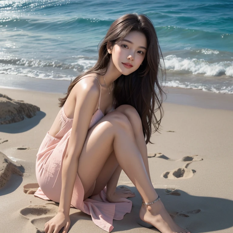 Best quality, masterpiece, ultra high res, (photorealistic, detailed face :1.4), 1girl, deep shadow, shiny skin, smile,
medium breast, slim leg, (full body, half body),
filmg2,
A young, beautiful female from a love-genre movie wearing a pink sundress is walking on a deserted sandy beach with barefoot. Her wavy brown hair flowing in the wind and carries the scent of the beach. Her delicate silver anklet clinking, complementing her simple yet elegant style.