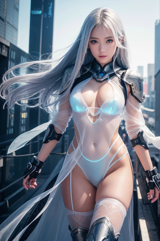 highest quality、8k Masterpiece、超A high resolution、(Photorealistic:1.3)、RAW Photos、1 girl、Silvery white hair、Glowing Skin、Super beautiful cyberpunk soldier、((Ultra-Realistic Details))、Portrait、Global Illumination、Shadow、Octane Rendering、8k、Super sharp、Beautiful breasts、Metal、Cold colors、、Very intricate details、Realistic Light、CGSoation Trend、Beautiful Eyes、Shining Eyes、To the camera、Neon Details、wearing futuristic combat uniforms、Standing on the rooftop of a futuristic city、Long hair swaying in the wind、Futuristic Boots、Armor、whole body、Healthy Body、wide shot、full body、
A story of a beautiful girl surrounded by love, Beautiful Eyesのディテール, A charming girl appears gracefully, Her vibrant and complex colors, Bring your artwork to life, (See-through, transparent clothing, Transparent costume:1.5), She has an open chest、Wearing a fantasy costume with intricate details,Fascinating worldview, Luminous body, Glittering crystals surround her like air., Soft Cast, Another dimension of brilliance,  Give your images fluidity and delicacy, It&#39;s as if the colors are blending and blending naturally., Camera shot: Medium Shot, Soft Focus, Illuminate　Lighting,　Refined and highly detailed photography Unique colors, Real Girl Portrait, Open-chested outfit, Iridescent colors,  A beautiful girl illuminated by rainbow lights,　Lift your hips high、Futuristic Bunny Suit、Angle looking up from below