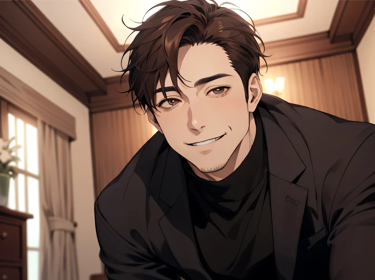 masterpiece,Dynamic Angle,Face close-up,Angle from below,male, (40 years old),(male1 person)、alone,Adult,A gentle smile,Horny,Brown Hair,Kakiage,(Droopy eyes),Lewd Eyes,Black Suit,Black turtleneck,,smile,Rooms in the mansion,night