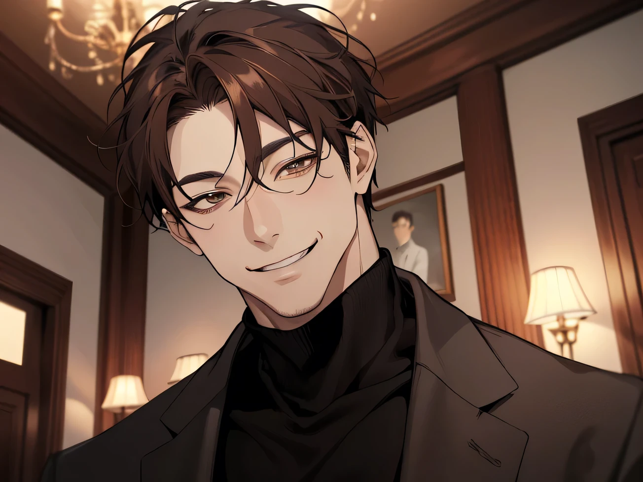 masterpiece,Dynamic Angle,Face close-up,Angle from below,male, (40 years old),(male1 person)、alone,Adult,A gentle smile,Horny,Brown Hair,Kakiage,(Droopy eyes),Lewd Eyes,Black Suit,Black turtleneck,,smile,Rooms in the mansion,night
