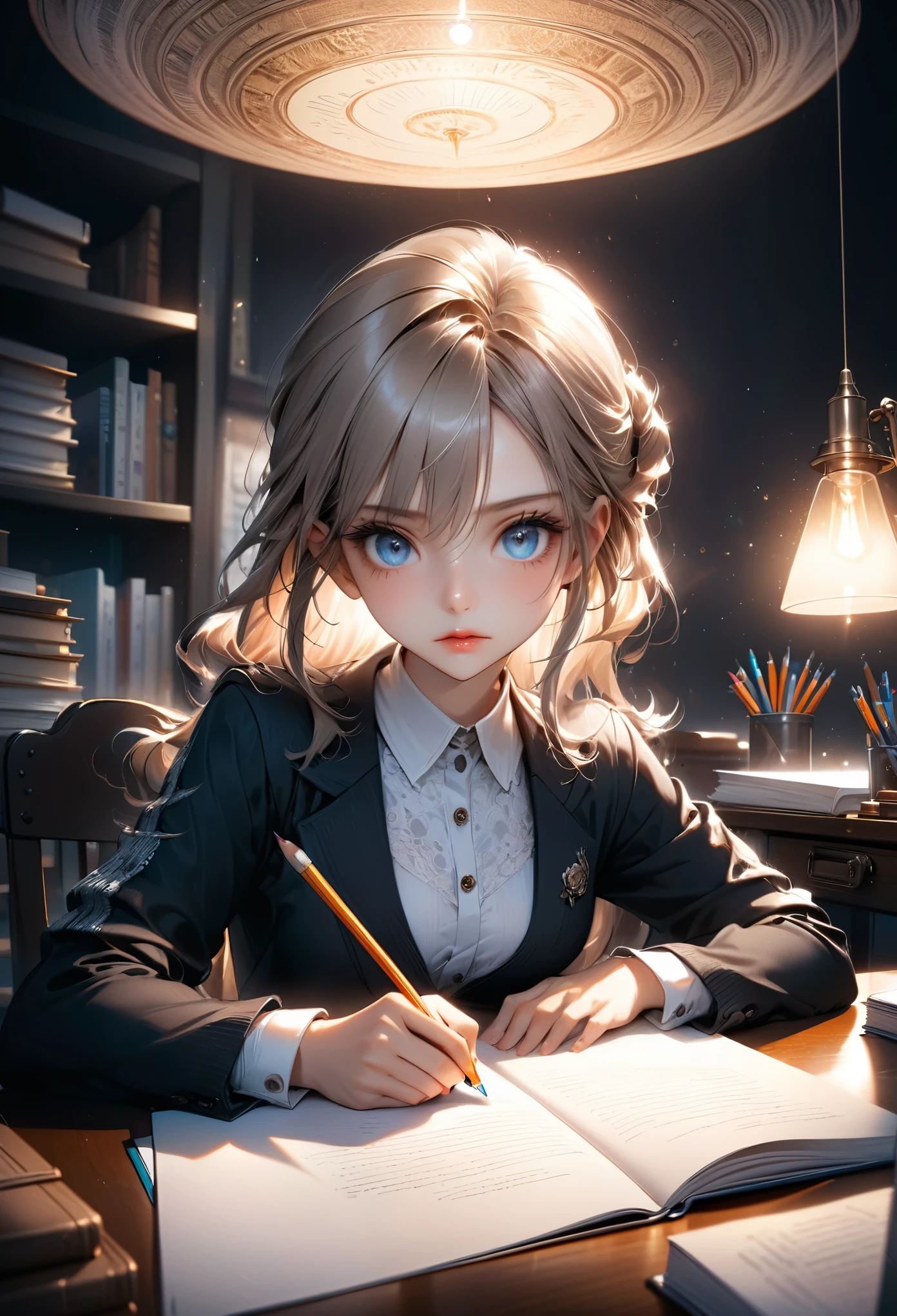 Exam, a girl taking an exam, beautiful detailed eyes, beautiful detailed lips, extremely detailed eyes and face, long eyelashes, serious expression, sitting at a desk, writing with a pencil, textbooks and papers on the desk, warm lighting, best quality, 8k, high-res, (masterpiece:1.2), ultra-detailed, intricate details, natural skin tones, cinematic lighting, dramatic atmosphere, highly detailed background, deep focus