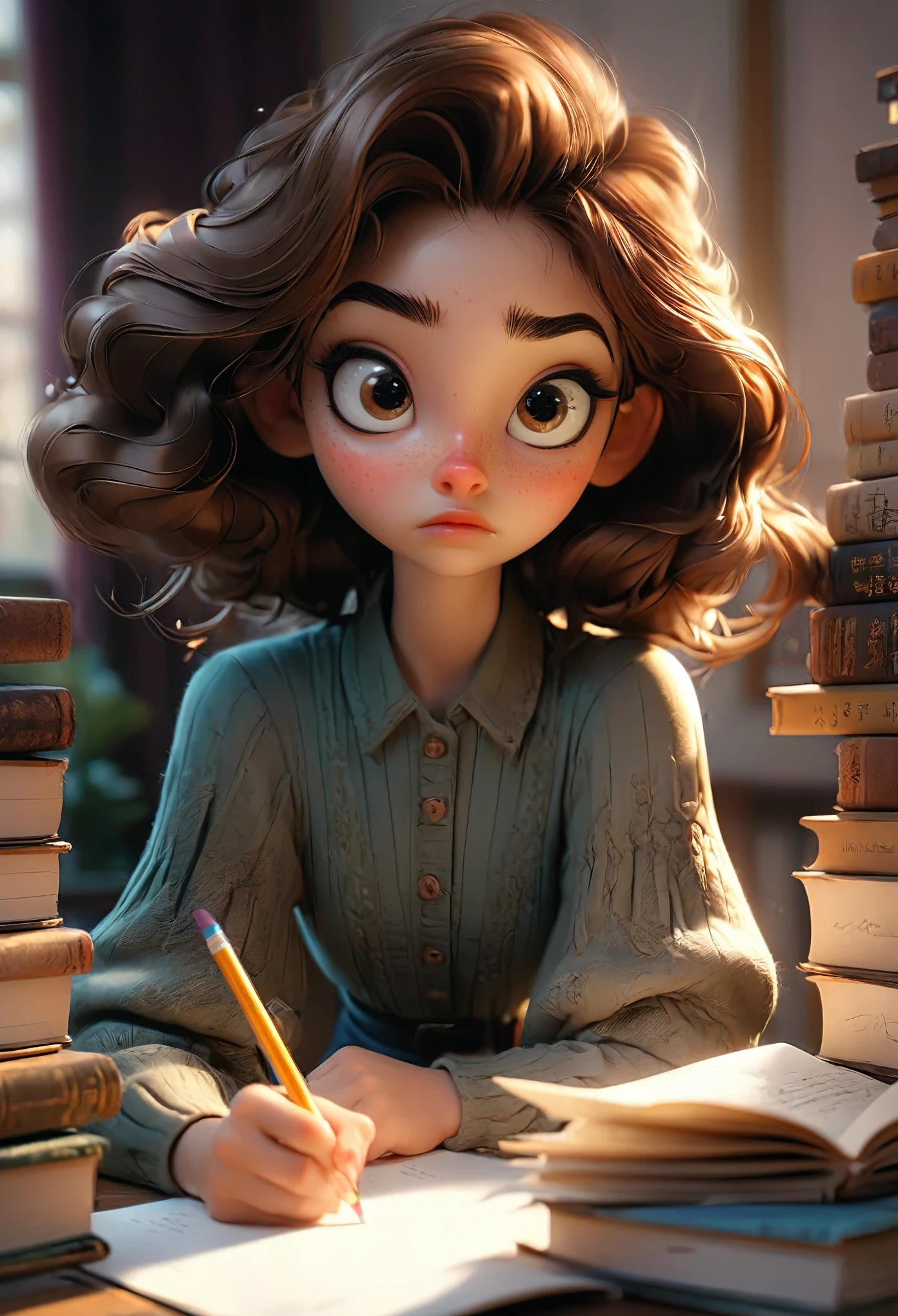 Exam, a girl taking an exam, beautiful detailed eyes, beautiful detailed lips, extremely detailed eyes and face, long eyelashes, serious expression, sitting at a desk, writing with a pencil, textbooks and papers on the desk, warm lighting, best quality, 8k, high-res, (masterpiece:1.2), ultra-detailed, intricate details, natural skin tones, cinematic lighting, dramatic atmosphere, highly detailed background, deep focus