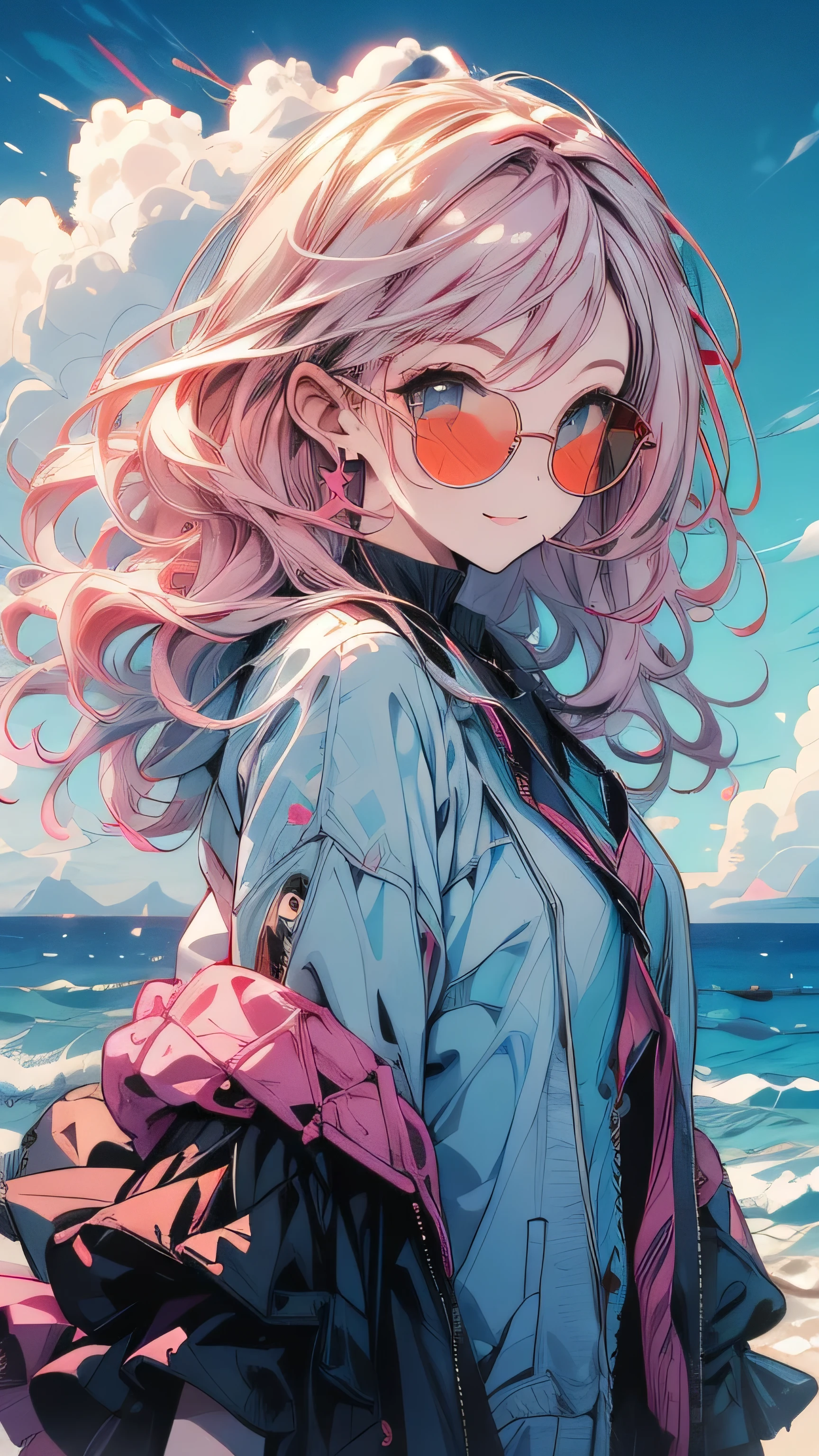 Pink Hair,Black clothes,City Background,Smiling expression,Double Tail,Ocean,Wave,blue sky,cumulonimbus,summer