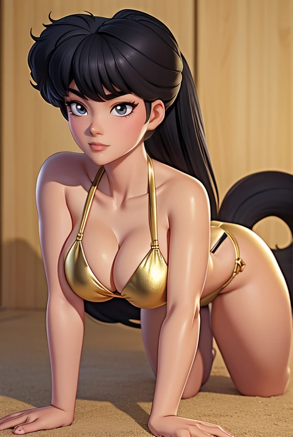 kodachikunou,１By people、Large Breastasterpiece、highest quality、Detailed face、Narrow eyes、High resolution、kkw-ph1、Side Tail、Gaze Here, golden bikini,　On all fours


