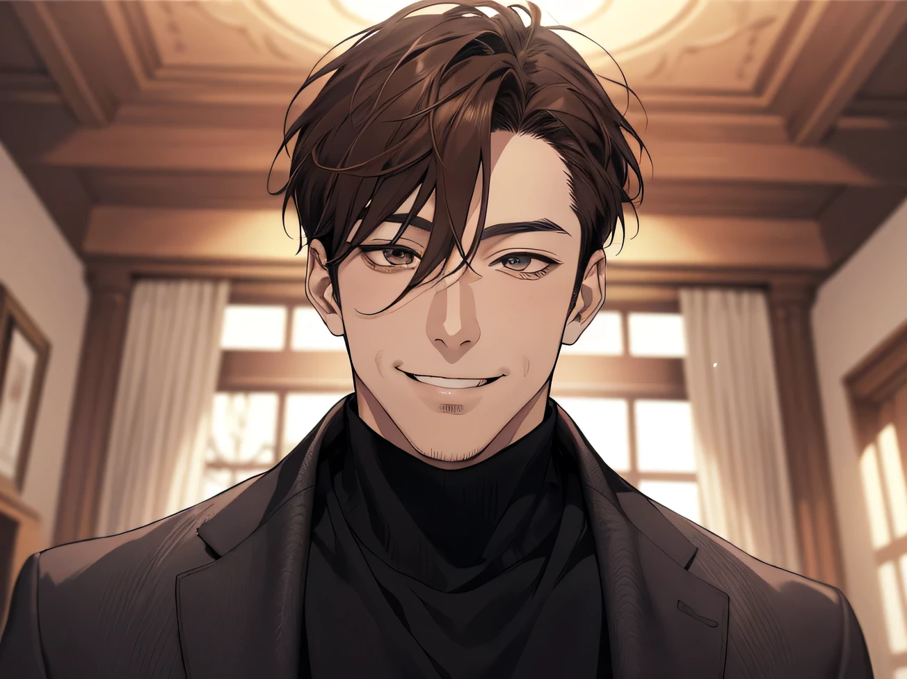 masterpiece,Dynamic Angle,Face close-up,Angle from below,male, (40 years old),(male1 person)、alone,Adult,A gentle smile,Horny,Brown Hair,Kakiage,(Droopy eyes),Lewd Eyes,Black Suit,Black turtleneck,,smile,Rooms in the mansion,night