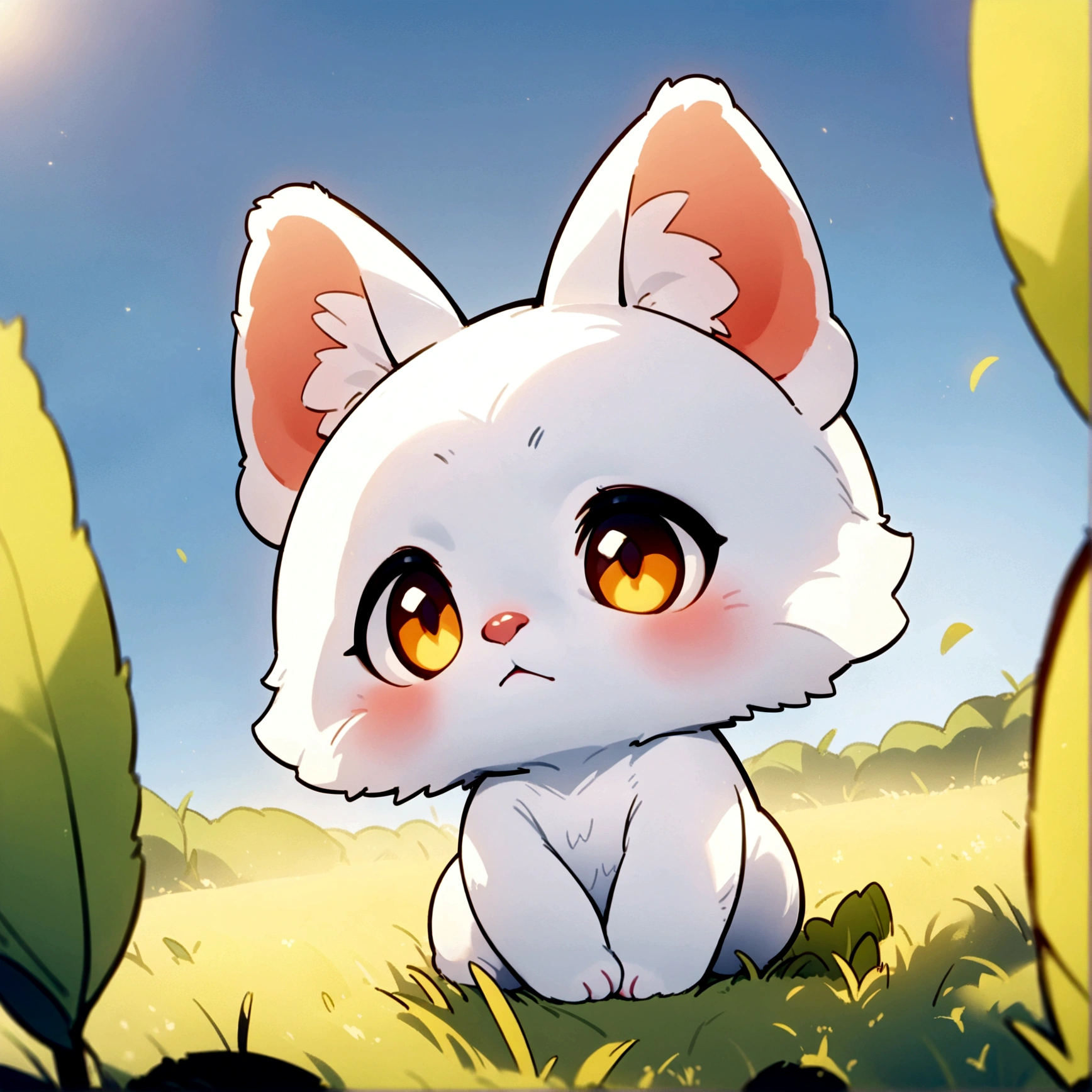 Small and cute animals, Small adorable animals, Detailed hairy, Stand on two legs, Animal ears, a bit, No humans, Furry, Face close-up, grassland, blue sky, Soft lighting, Shallow depth of field, Digital Illustration, 8k, Deformed, Little, anime, animeスタイル,