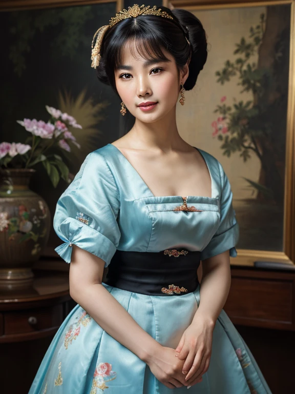 An extremely attractive 50s years old chinese woman, highly detailed painting, portrait, artwork by Francois Boucher, by Peter Paul Rubens,