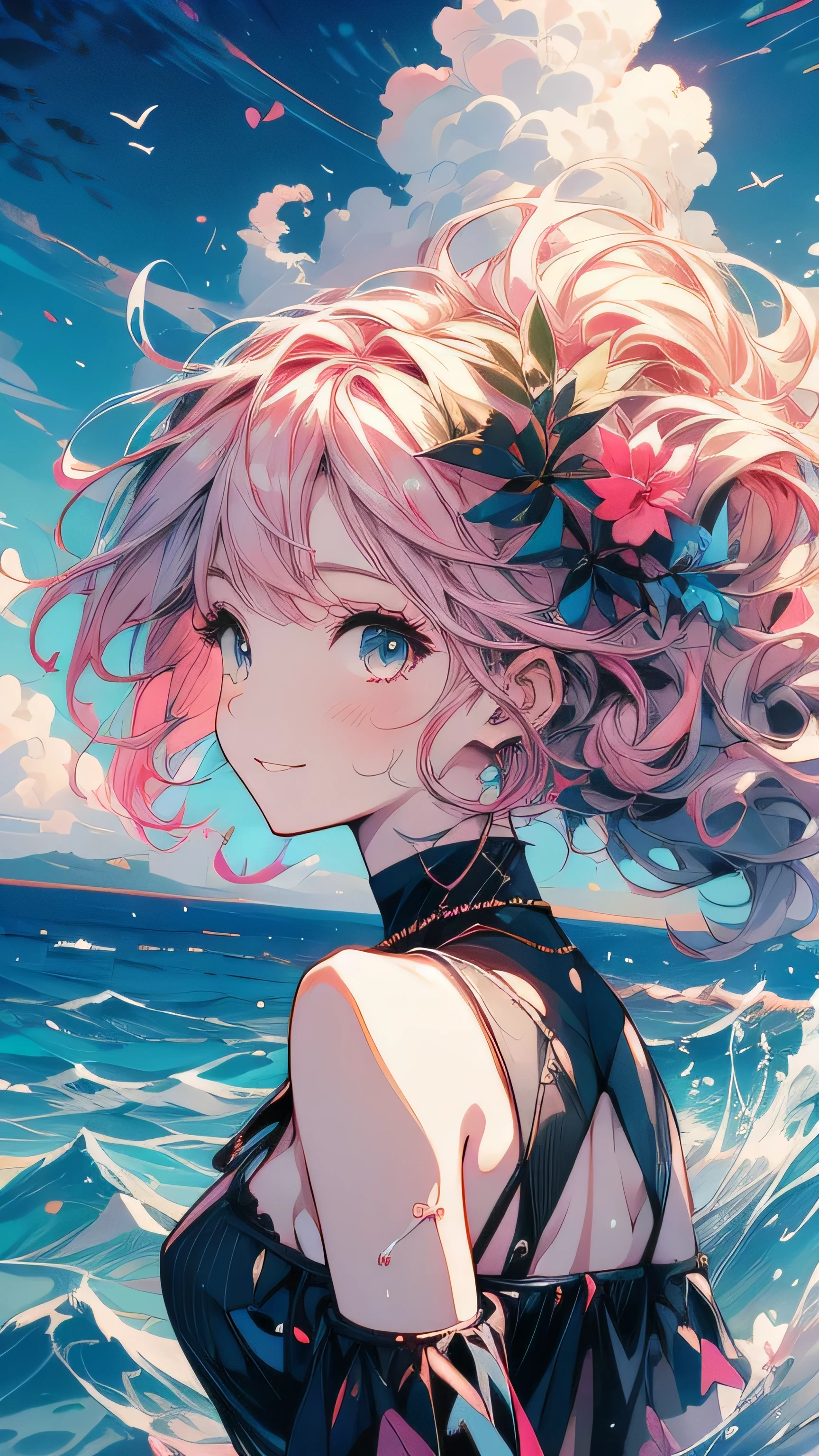 Pink Hair，Black clothes，City Background，Smiling expression，Double Tail,Ocean,Wave,blue sky,cumulonimbus,summer