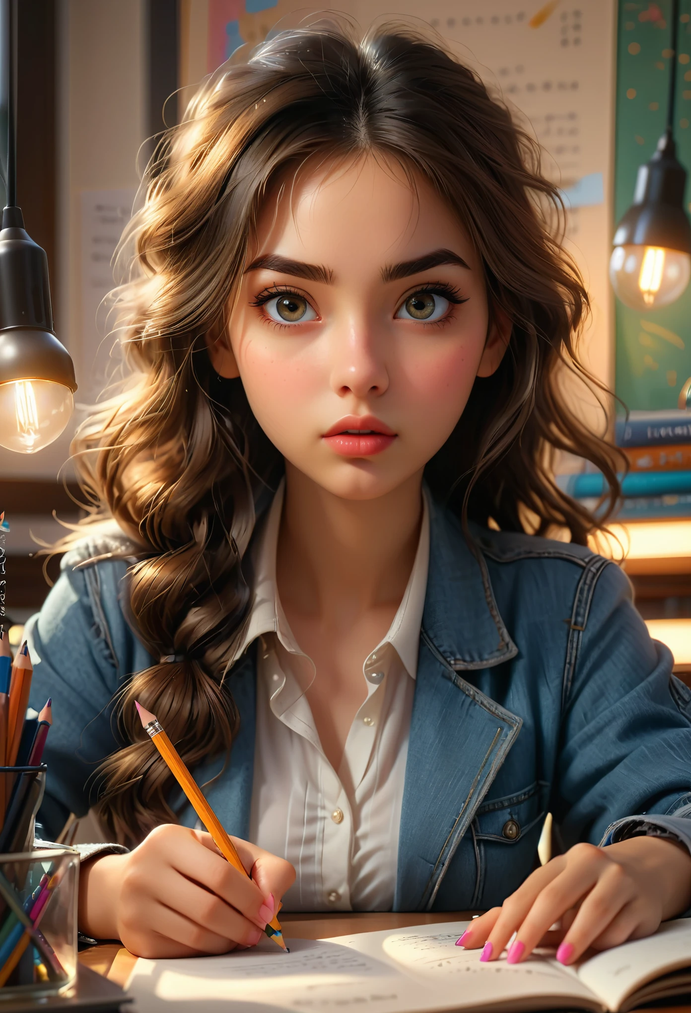 Exam, a girl taking an exam, beautiful detailed eyes, beautiful detailed lips, extremely detailed eyes and face, long eyelashes, serious expression, sitting at a desk, writing with a pencil, textbooks and papers on the desk, warm lighting, best quality, 8k, high-res, (masterpiece:1.2), ultra-detailed, intricate details, natural skin tones, cinematic lighting, dramatic atmosphere, highly detailed background, deep focus