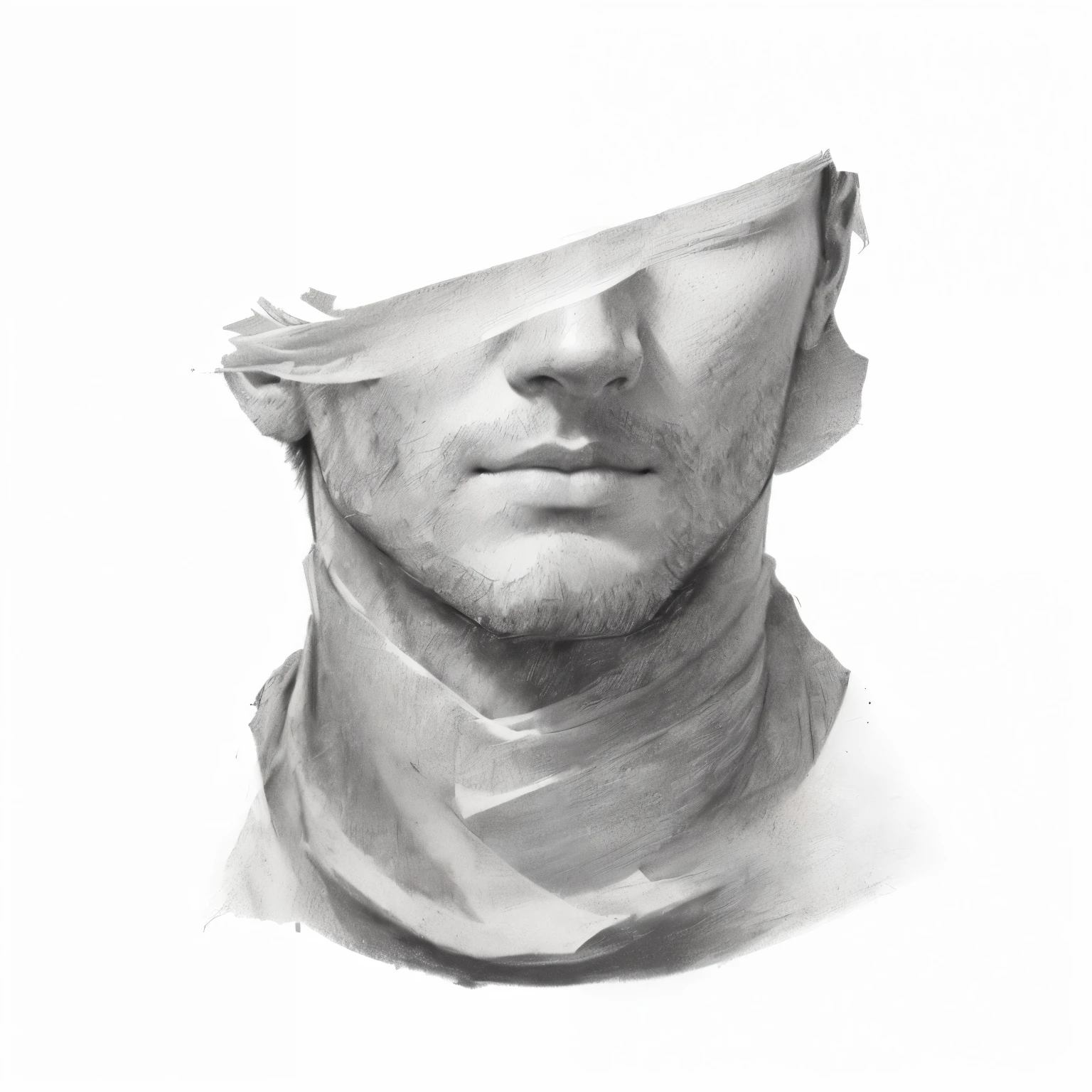 a drawing of a bust with a sheet covering it's face, shading study, drawing study, fine art sketch, bust portrait, bust, face study, master study, portrait facial head, bust with a beautiful neck, shaded face, pointed face, male face and bust, art sketch, digital pencil painting, torso and head, smooth drawing, head and torso