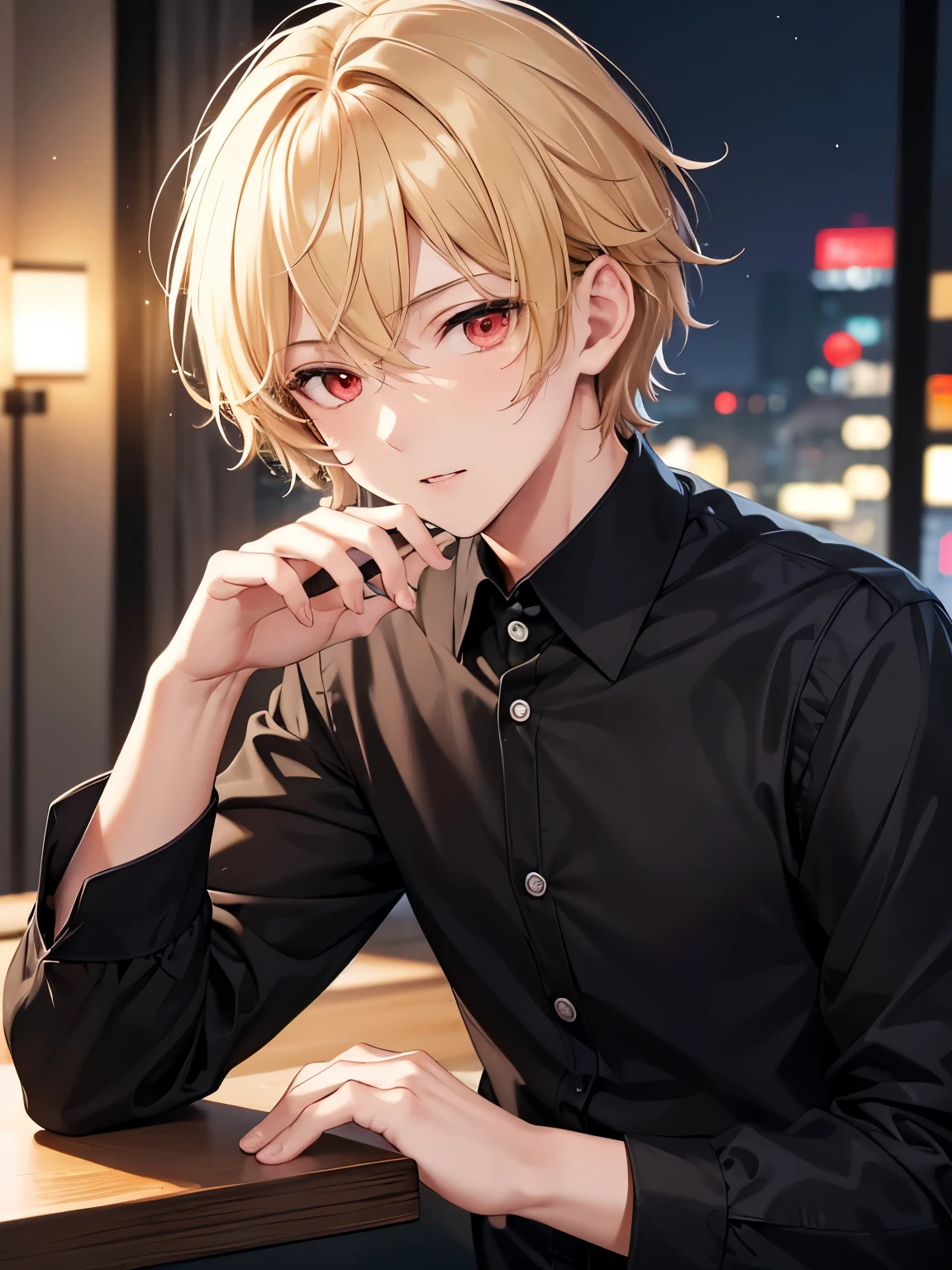 1boy,handsome,18 years old,, standing,close up photo,Perfect face, HD face, ultra detailed face, short hair, blonde hair, messy hair,Black long-sleeved shirt, open buttons,black trousers, crawl,red eyes,At night,ultra detailed, ultra HD