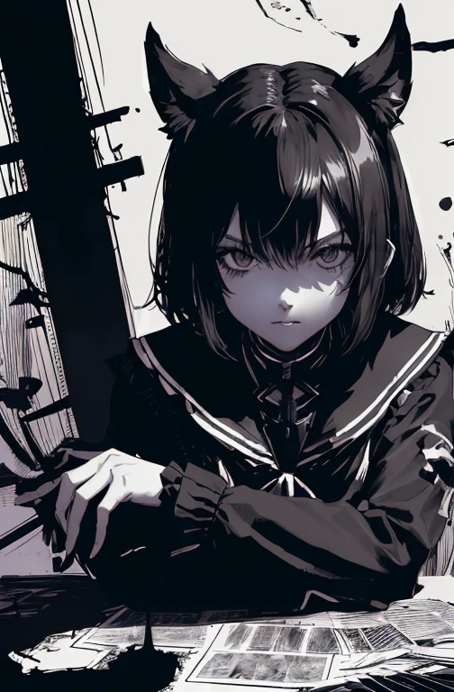 v5lcn style,Ink Art,(highest quality,Tabletop:1.2),(Black and white comic core:1.1),(extremely high contrast),Dark ink,One Girl,Black-haired,Shadow on face、8k,solve,high school girl,Sailor suit