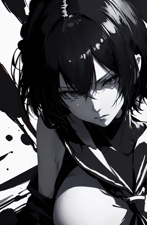 v5lcn style,Ink Art,(highest quality,Tabletop:1.2),(Black and white comic core:1.1),(extremely high contrast),Dark ink,One Girl,Black-haired,Shadow on face、8k,solve,high school girl,Sailor suit
