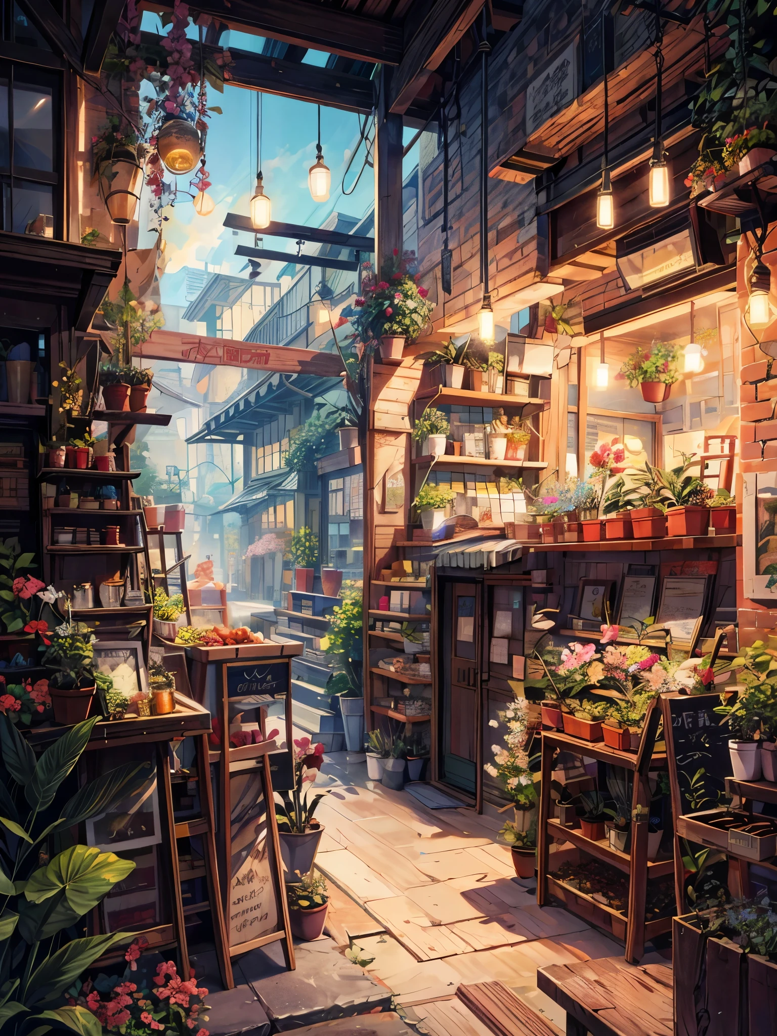 there is a store with many plants and flowers on the outside, high detailed store, flower shop scene, by Yang J, anime background art, convenience store, by Kamagurka, pleasant cozy atmosphere, by Ni Yuanlu, detailed scenery —width 672, magic shop, high detailed), dreamy atmosphere, by Arthur Pan, highly detailed scene, no human