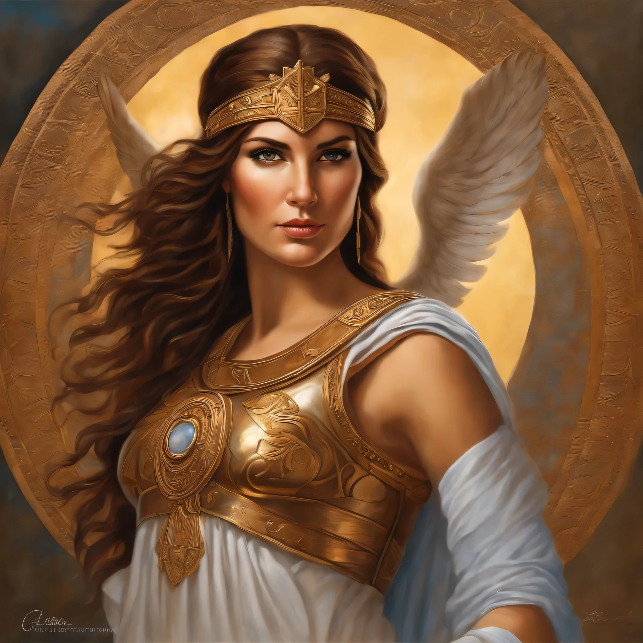 A NSFW painting of the Goddess Athena, a beautiful divine greek warrior and sensual woman with brown hair and fierce gray eyes. She is showing her beautiful ass and looking back. View from behind.