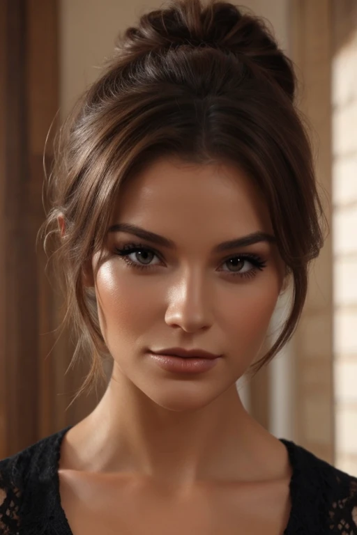 Une femme incroyablement belle au cheveux bruns/noir avec une bouche pulpeuse, very realistic