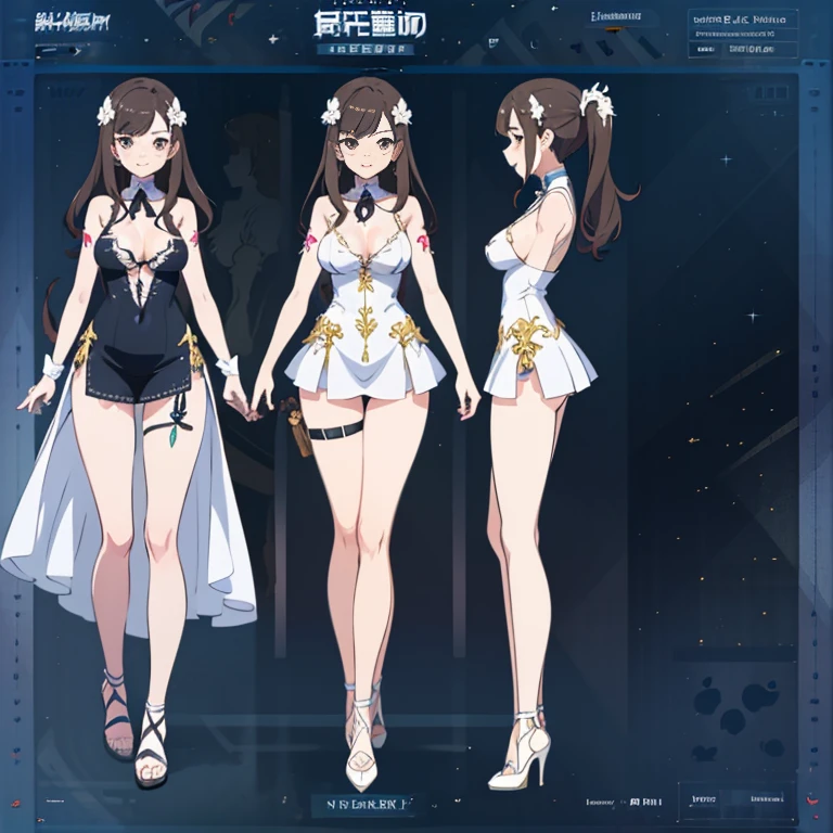 Character Sheet,Anime style,(masterpiece),illustration,8k,ray tracing,finely detailed,best detailed,Clear picture, 28 years old,Medium_Hair, darkbrown Eyes, longhair, White tanktop,erect nipples,mature female,milf, slender small breasts,panty shot ,white panty