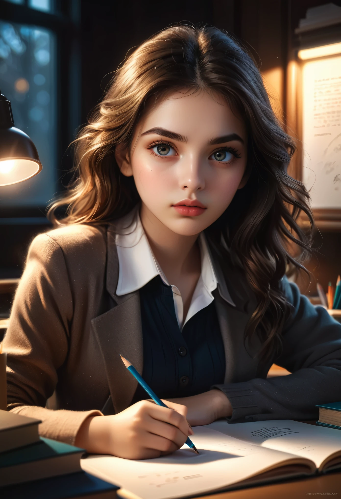 Exam, a girl taking an exam, beautiful detailed eyes, beautiful detailed lips, extremely detailed eyes and face, long eyelashes, serious expression, sitting at a desk, writing with a pencil, textbooks and papers on the desk, warm lighting, best quality, 8k, high-res, (masterpiece:1.2), ultra-detailed, intricate details, natural skin tones, cinematic lighting, dramatic atmosphere, highly detailed background, deep focus