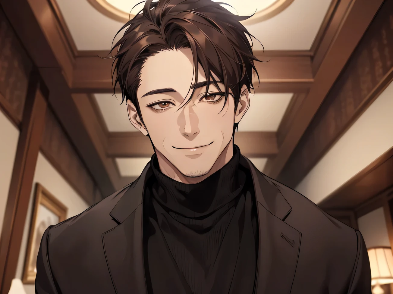 (dark),masterpiece,Dynamic Angle,Face close-up,Angle from below,male, (40 years old),(male1 person)、alone,Adult,A gentle smile,Horny,Brown Hair,Kakiage,(Droopy eyes),Lewd Eyes,Black Suit,Black turtleneck,,smile,Rooms in the mansion,night