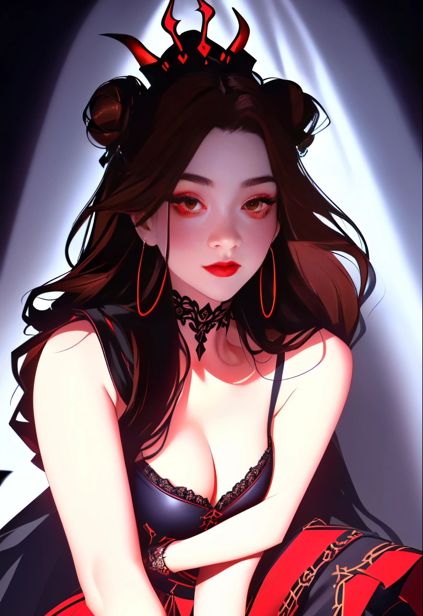 (High resolution,Practical) Long hair girl,skirt, Beautiful demon woman from hell, (in the darkness: 1.6), Very rich facial details,Red-black lips, Shoulder devil tattoo,rugged, Moderate: Detailed facial features, Determine the expression, Dark background,The environment is mysterious and elegant, Model, High contrast required, Jewelry, earrings, miniskirt, shirt, Jacket, brown hair, 白shirt, A bracelet, Hair Bun, single Hair Bun, long skirt, Shut up, Hoop Earrings, blue Jacket, skirt, Beautiful demon woman from hell, (in the darkness: 1.6), 大卫霍克尼和阿尔方斯穆夏的Surrealism女性portrait, Fantasy Art, Korean Doll, Photorealism, Dynamic Lighting, Art Station, poster, Volumetric Lighting, Very rich facial details, 8K, in the darkness, Deep Shadows, low pitch, (Shot in the knee), long hair, Black Hair, Luxurious Palace, Royal style, Demon Crown, The red eye makeup is very vivid and detailed, the most beautiful face, Normal breast, Surrealism, Charming smile, The eye makeup is beautiful, Gurwitz, Devil style, Red-black lips, Shoulder devil tattoo, Gloomy weather,Thunder, (portrait), Close-up of the protagonist, (Background details 1.8), Revealing clothes, cosmetic, 白skirt
