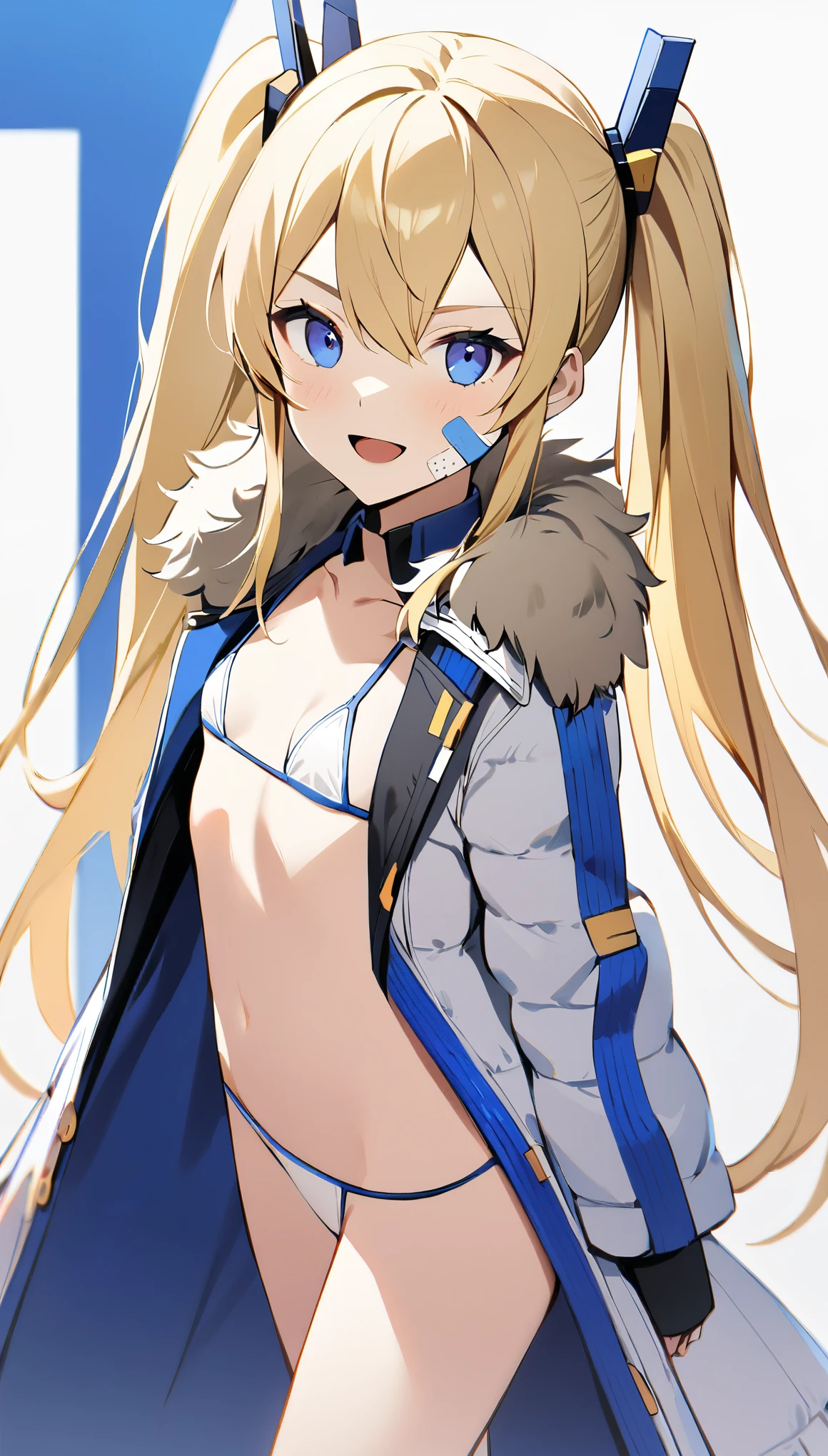 1girl, laplace, blonde hair, twintails, long hair, hair ornament, blue eyes, bandaid on face, (white micro bikini:1.3), small breasts, white coat, fur trim, solo, standing, looking at viewer, smile, open mouth,