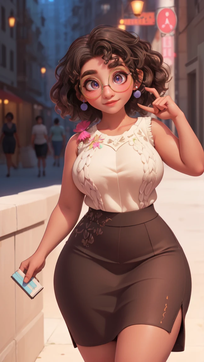 mirabel madrigal,  glasses, smile, ((sleeveless sweater)), market background, (((pencil skirt))), (((brown skin))), detailed skin, perfect legs, perfect thighs, (((curvy body))), BIG BREASTS, INVITING TO SEX