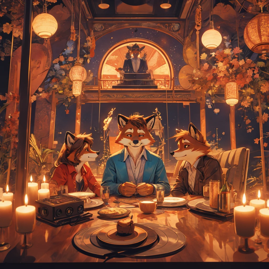 70's vinyl sleeve art work style , Hallucination, daydream , bokeh , Carpenters , Karen female racoon dog and Richard male fox Siblings , siblings love , top of the world