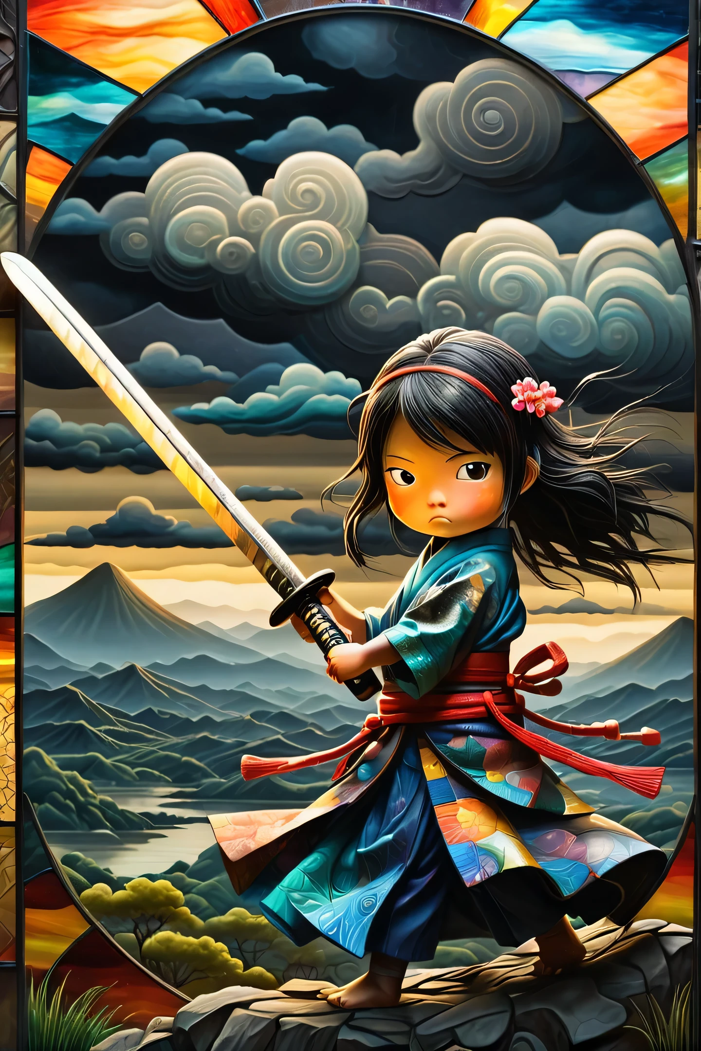 Fine art, Oil, highest quality, A dark tale, Japan Land、 (Peepland:1.2)、Stormy Skies, Beautiful samurai girl holding a Japanese sword、Action pose、and Mumford, Andy Kehoe, 2D, flat, cute, Adorable, Vintage Art, Art on cracked paper, patchwork, Stained glass,  fairy tale, Detailed illustrations from a picture book, Academy Award Winner, Very detailed, Finer details, Beautiful details, Mysterious, Luminism, Vibrant colors, Complex background,