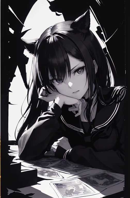 v5lcn style,Ink Art,(highest quality,Tabletop:1.2),(Black and white comic core:1.1),(extremely high contrast),Dark ink,One Girl,Black-haired,Shadow on face、8k,solve,high school girl,Sailor suit,Split image left and right at center