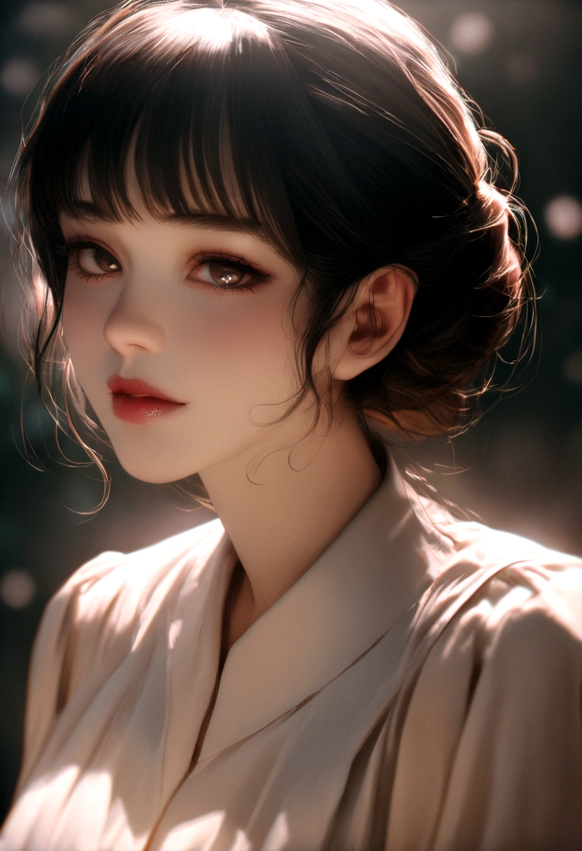 (8K, original photo, Realistic:1.25) ,( Lip Gloss, cilia, Bright face, Skin is bright and radiant, best quality, Ultra-high resolution, Depth of Field, Chromatic Aberration, Caustic lines, Wide lighting, Natural shadows,Korean Idol) Looking at the audience with a serene and sacred happiness,