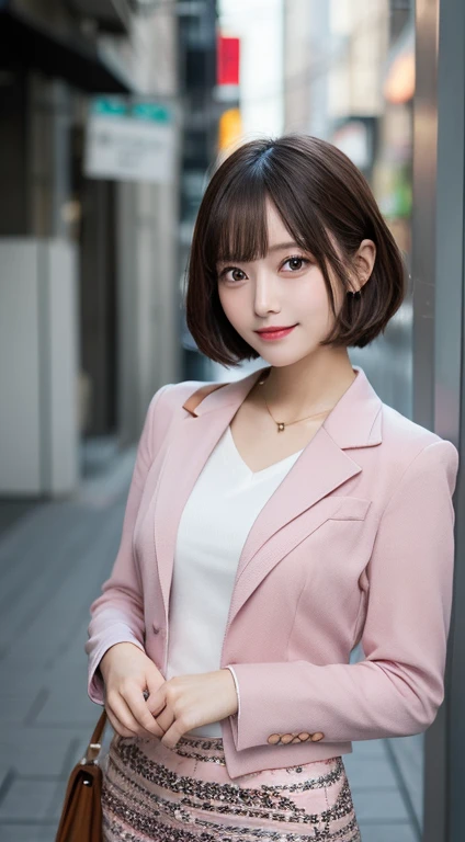 Full body ,masutepiece, Best Quality, Illustration, Ultra-detailed, finely detail, hight resolution, 8K Wallpaper, Perfect dynamic composition, Beautiful detailed eyes, Women's Fashion Summer,Shorthair,,Natural Color Lip, Bold sexy poses,Smile,Shinjuku、wear pink suit, tight skirt , 20 years girl、Cute、Sexy shot looking at camera