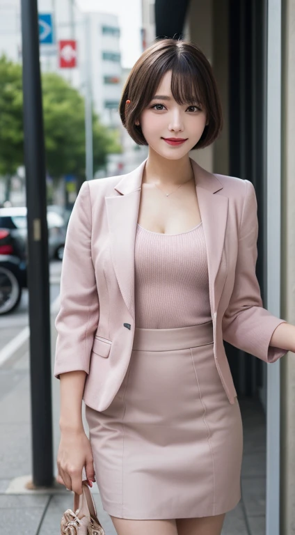 Full body ,masutepiece, Best Quality, Illustration, Ultra-detailed, finely detail, hight resolution, 8K Wallpaper, Perfect dynamic composition, Beautiful detailed eyes, Women's Fashion Summer,Shorthair,,Natural Color Lip, Bold sexy poses,Smile,Shinjuku、wear pink suit, tight skirt , 20 years girl、Cute、Sexy shot looking at camera