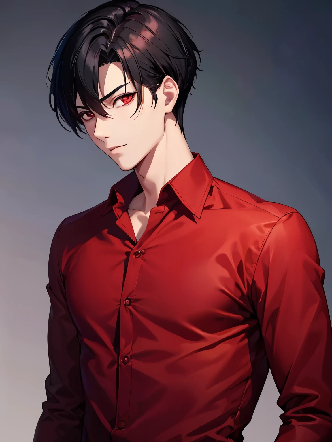 1boy,handsome,Short black hair, red eyes, side parted hairstyle, vampire, handsome,Red shirt, long sleeve shirt, top button open,, standing, night, close up photo,ultra detail, ulta HD