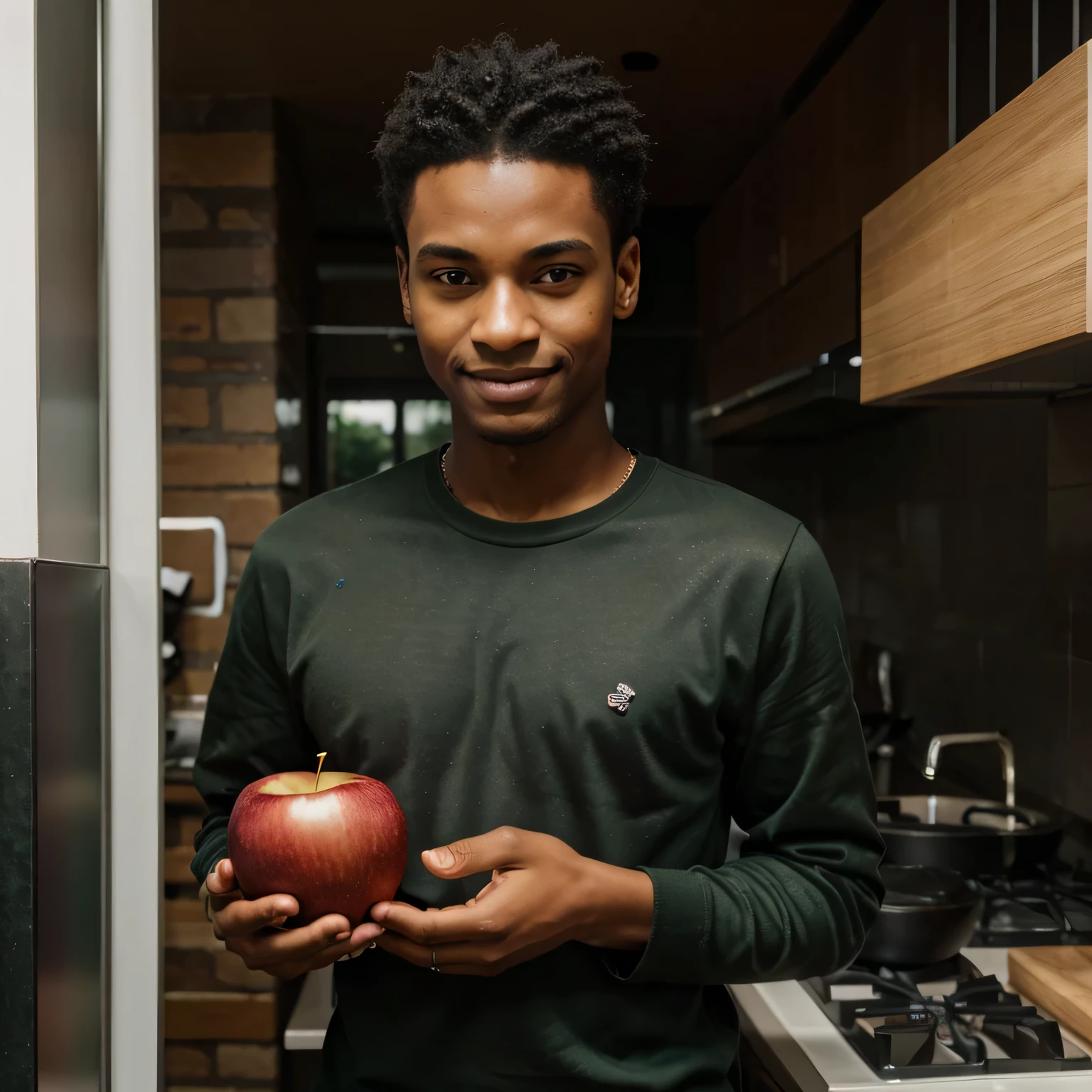 jeune HOMME 15 ans, ((BLACK, détails des cheveux très court, shaved)), yeux MARRONS brillant,((highly detailed skin, skin details)), Sharpness, 8K, DSLR, chef d'oeuvre haute qualité, magnifique visage africain, (((souriant, heureux))), Realistic photo, ((wears a dark green sweetshirt)), view full chest with arms, ((holding an apple)), serious picture DONT DO SEXY