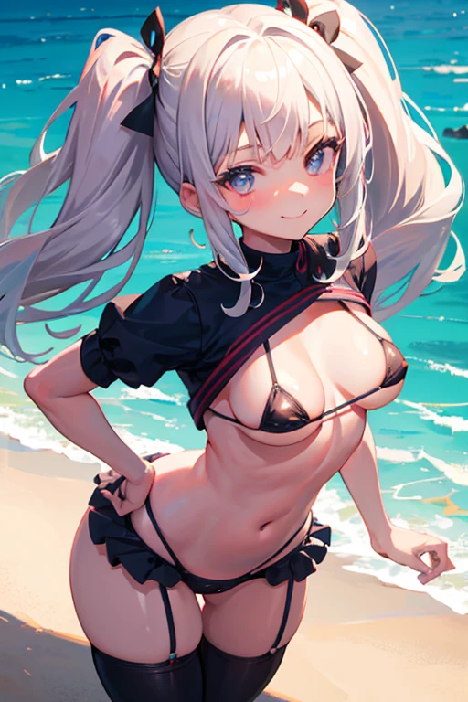 Small girl, very large breasts, micro bikini with little fabric, twin tails, provocative smile, gravure, double piece 