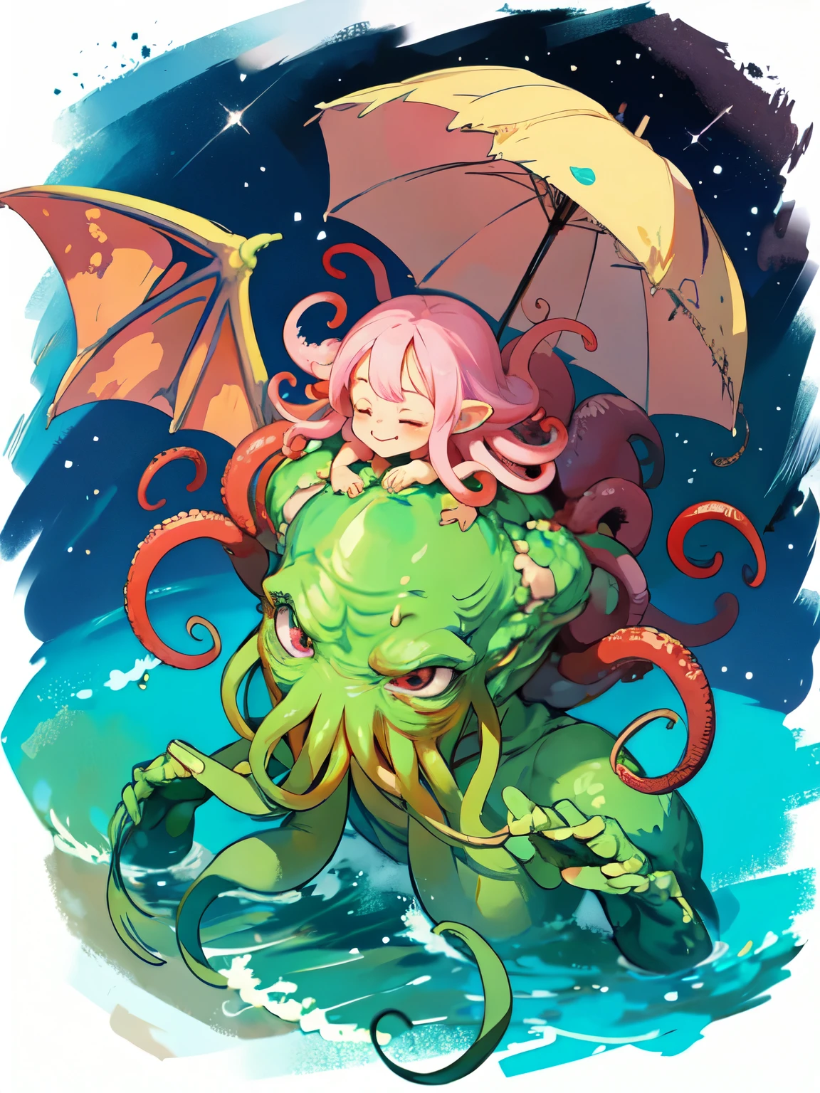 (Cthulhu), cute, comical, Round eyes, smile, Soft tentacles, Pastel colors, Small Wings, fun, For kids, Fantasy, soft, (Cute monster), Bright colors, Little