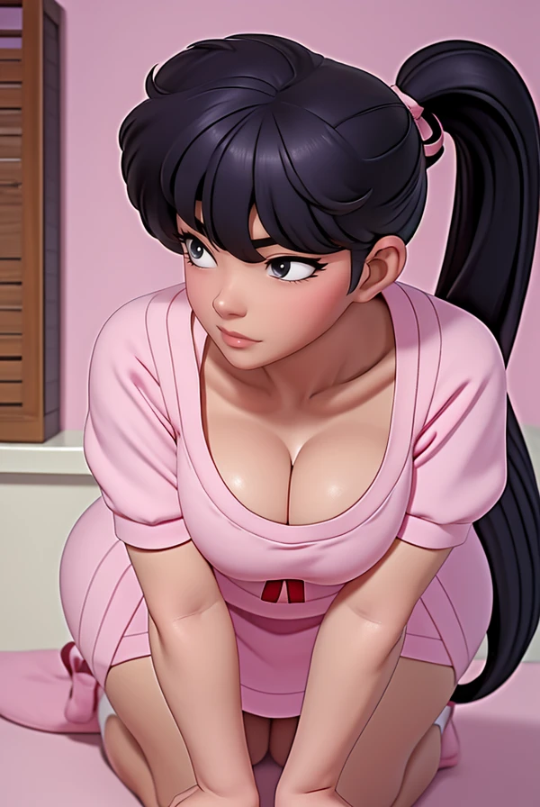 kodachikunou,1By people、Large Breastasterpiece、highest quality、Detailed face、Narrow eyes、High resolution、kkw-ph1、Side Tail、Gaze Here, Pink apron, On all fours,Cleavage