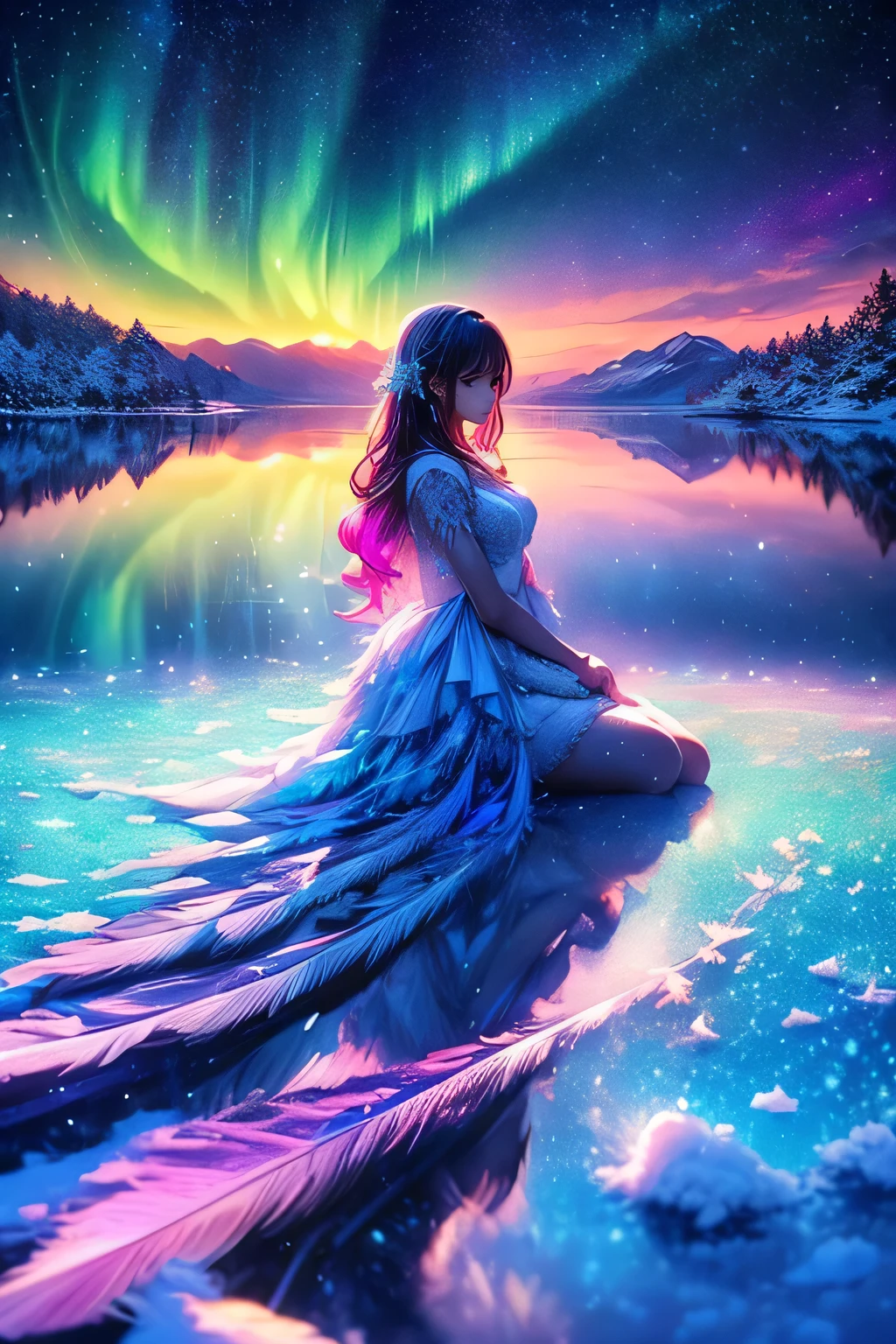 raw photo:1.2, masterpiece, highest quality, 16k, unbelievably absurd, very detailed, perfect beauty, (double exposure vibrant colors silhouette:1.3), (layered vibrant colors silhouette:1.2), (snow world photo scenery), snowflakes, starry sky with aurora, flowing towel, flowy long hair, (lake:1.2), (realistic photo scenery), (moonlight), (girl wearing Dress made of feathers with detailed feather decoration on the chest), 