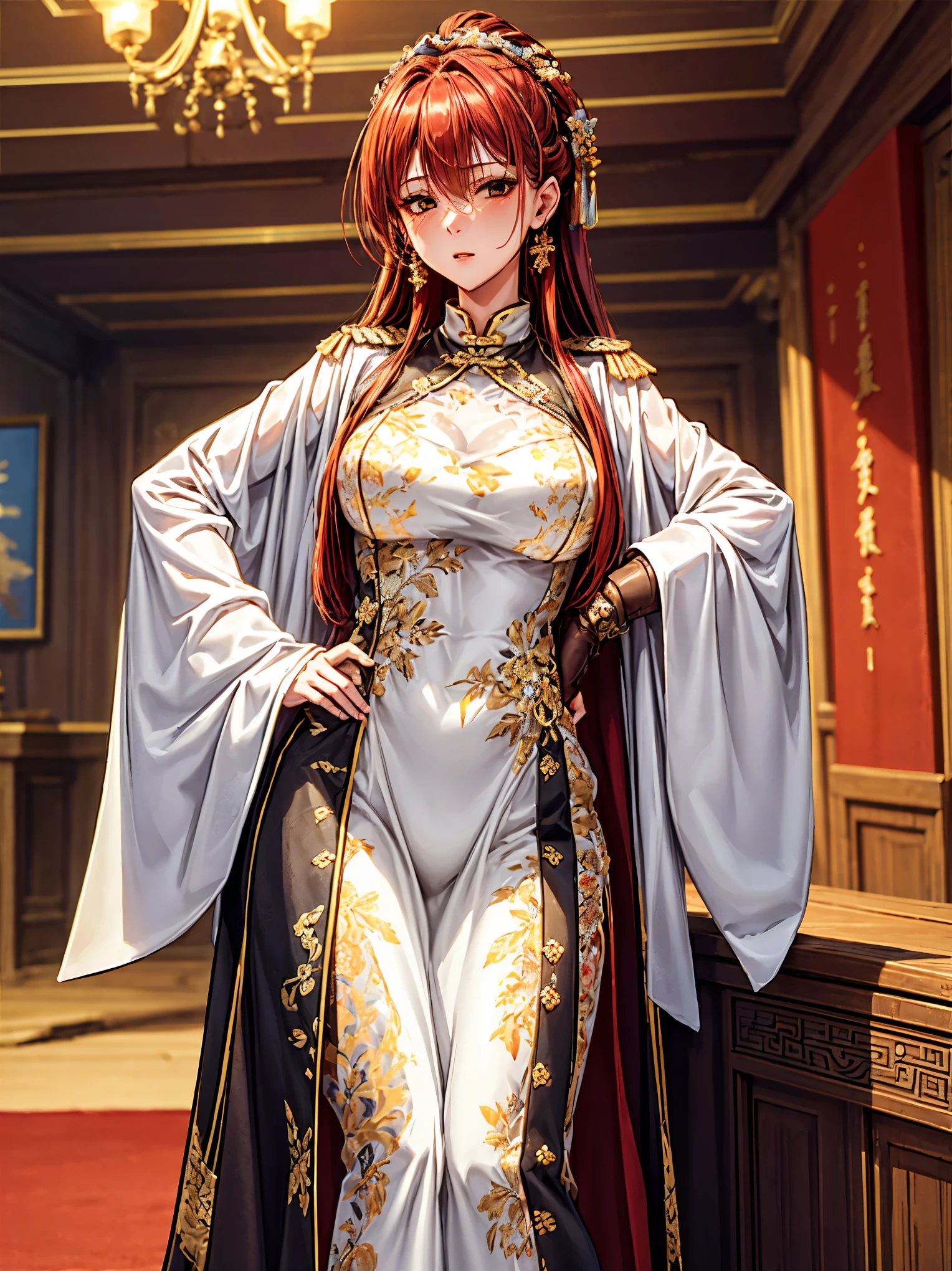 top-quality、tmasterpiece、Very high resolution、super high image quality、High-quality pixels)、perfect eyes, perfect face, perfect body figure,solo,8K, large breast,(Detailed description of hair), (Detailed description of face),(Detailed description of body), fair and clear skin, matchless beauty, long legged, scarlett long hair details expressed, The details have been upgraded,yellow eye,model posture with formality, stand like a officer in charge, (cowboy shot: 1.1),extremely super red hair,Han style imperial traditional clothes, indoor chinese ancient house, (imperial style decoration:1.2)